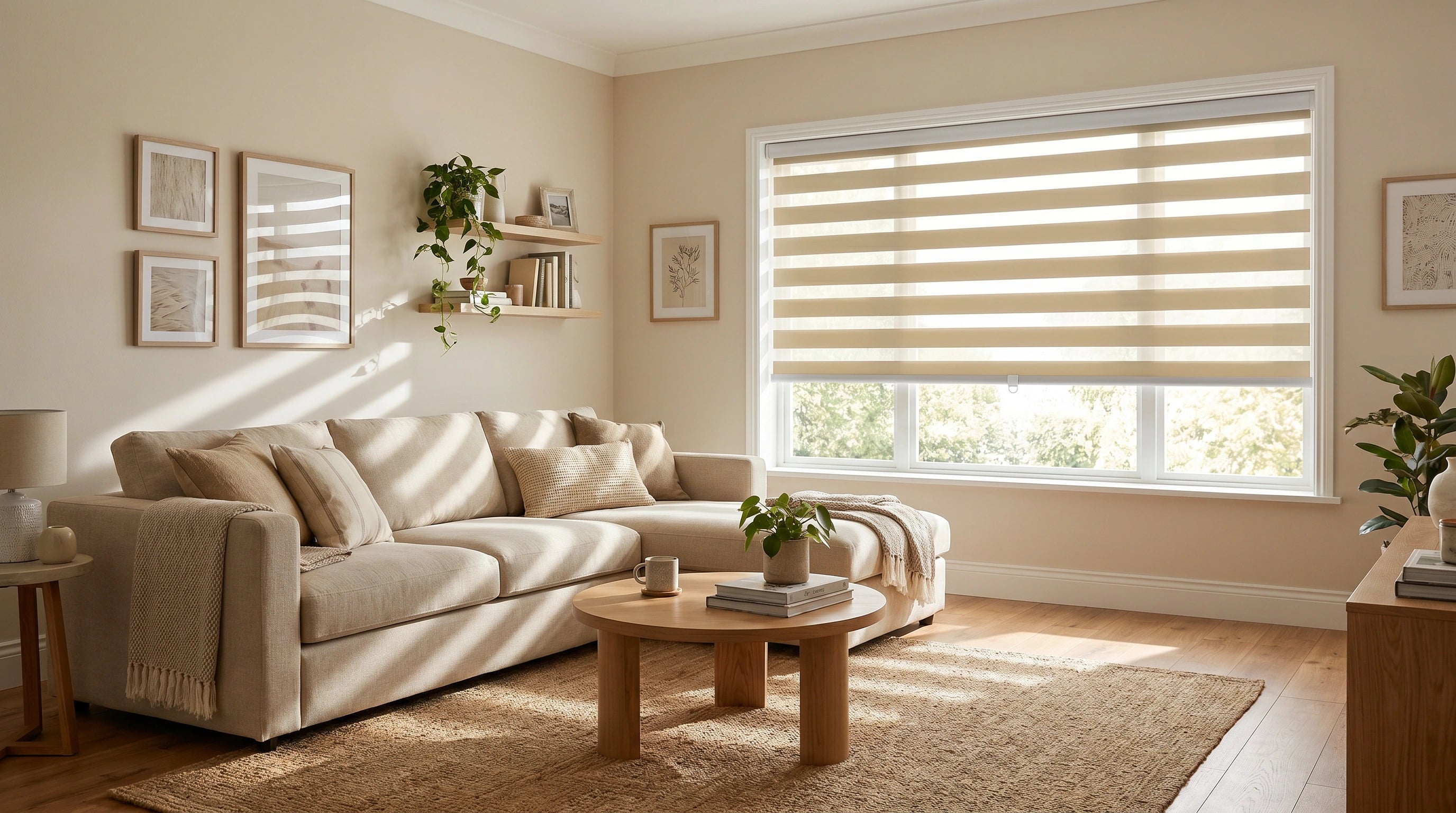 Custom zebra roller shades in a bright living room, featuring cordless dual zebra shades for privacy, soft light control, and modern window style.