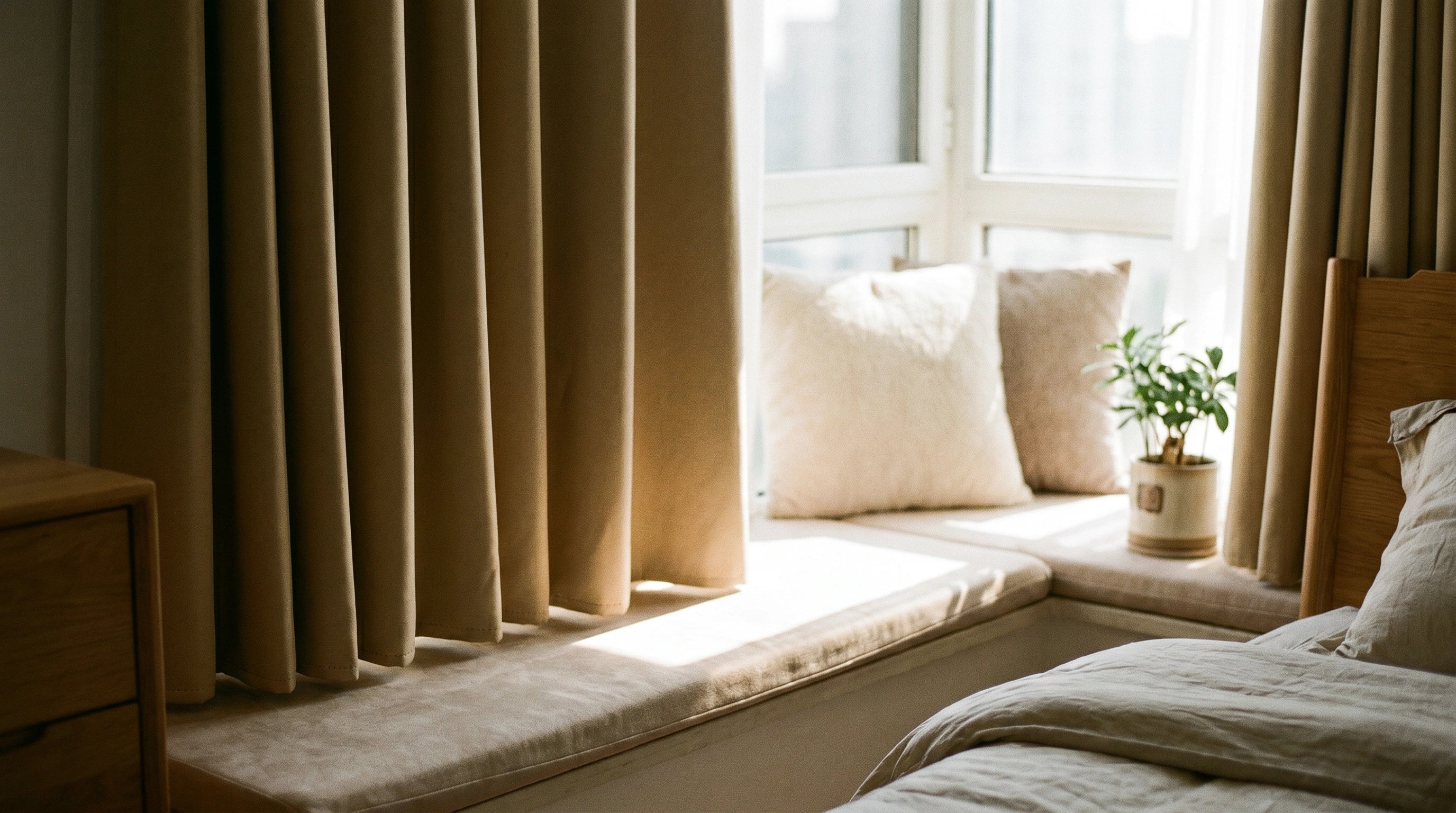 Cozy bedroom with beige curtains, pillows, and a small plant.