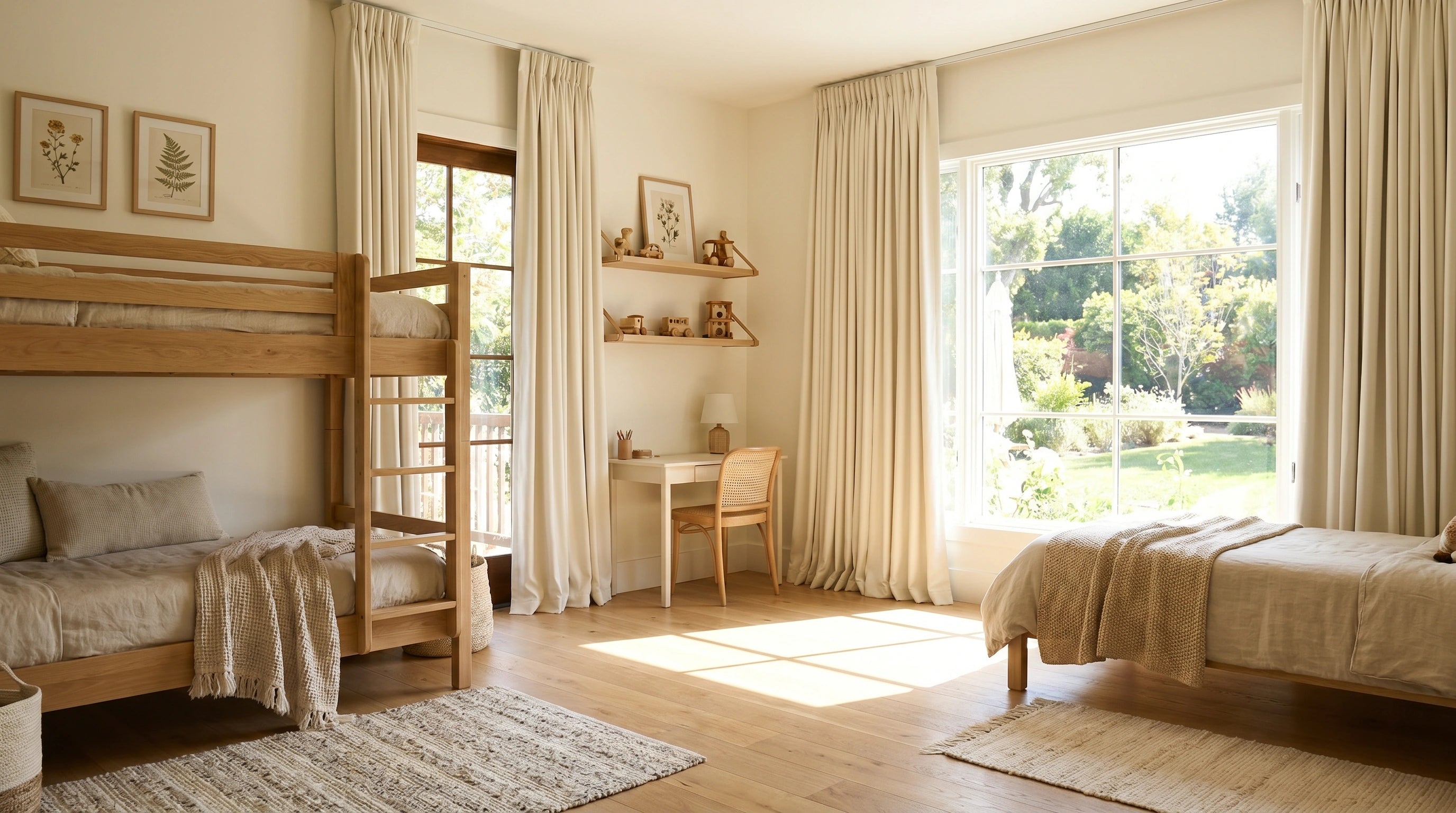 Custom bedroom curtains for large windows, featuring long neutral panels, soft light control, and cozy privacy for a shared bedroom.