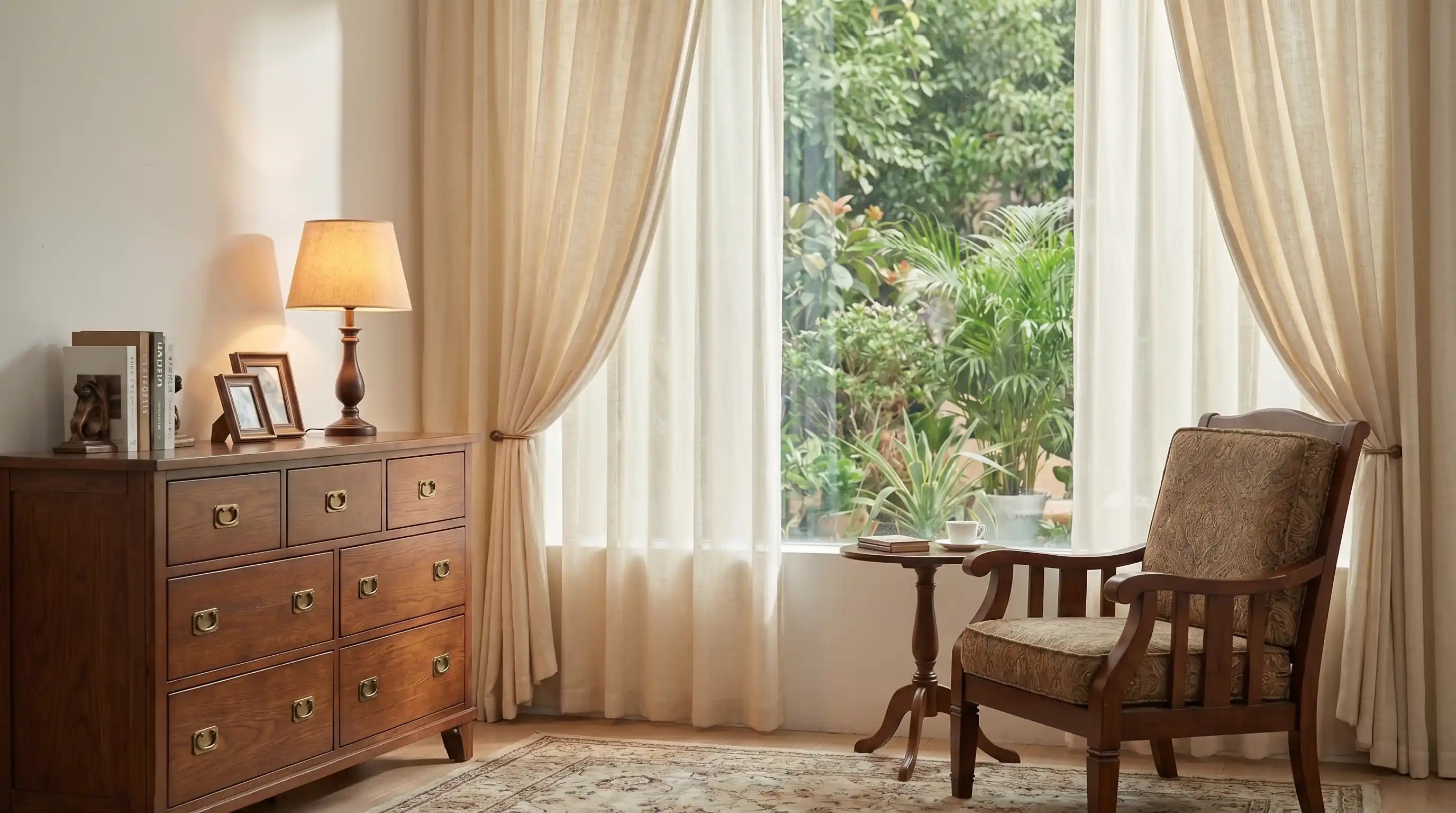 Bright airy bedroom with light filtering curtains for summer