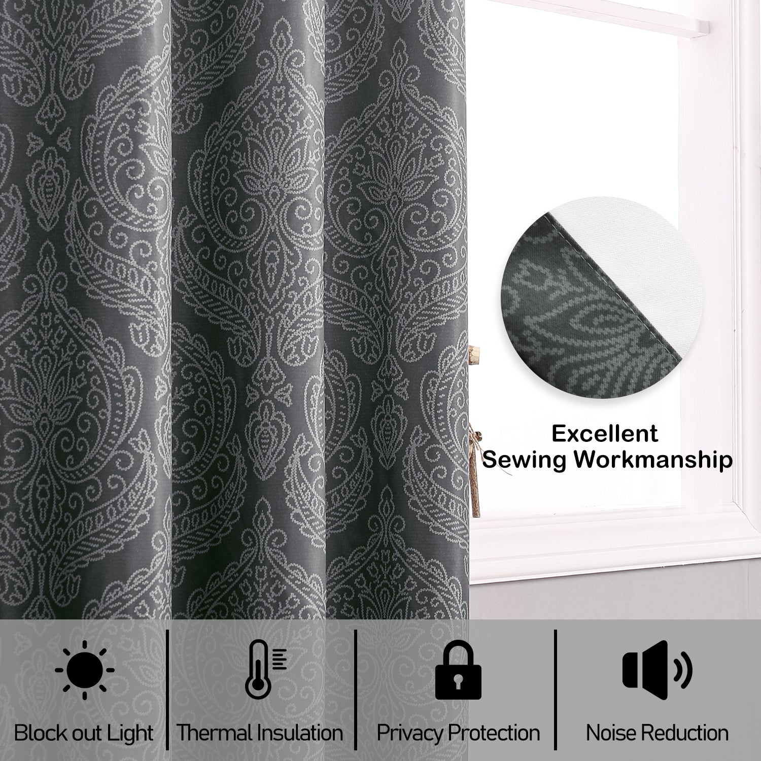 Patterned curtain with text highlighting excellent sewing workmanship, light blocking, thermal insulation, privacy protection, and noise reduction.