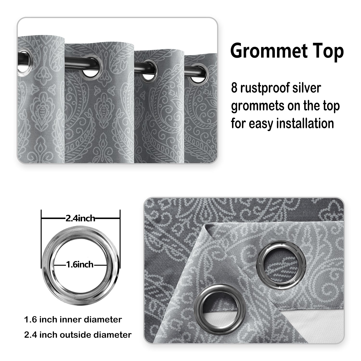 Gray patterned curtain with grommet top and measurements displayed.