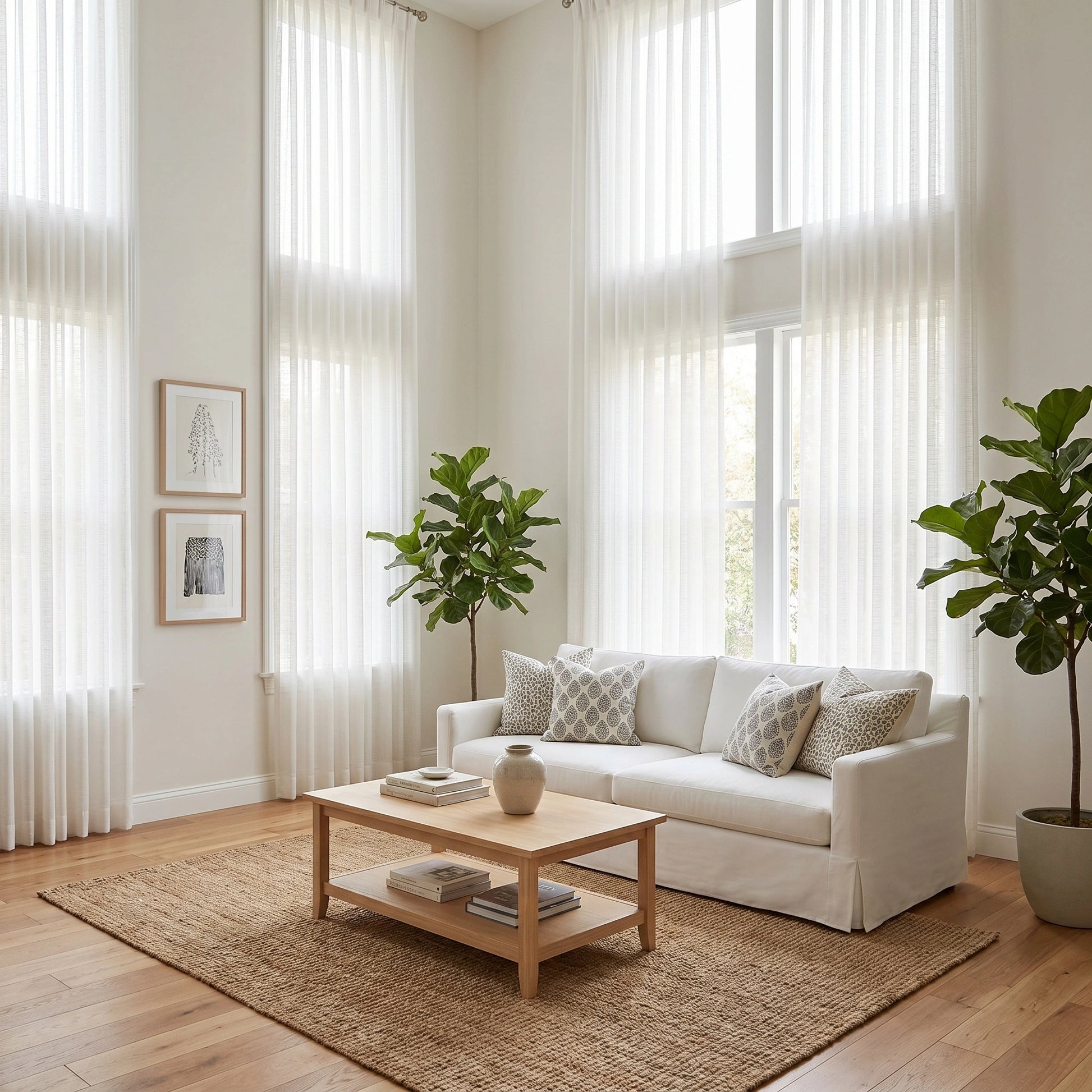 Light beige Theia Linen Sheer Curtains from DWCN Official hanging in a window, showcasing their soft, airy fabric and elegant drape.
