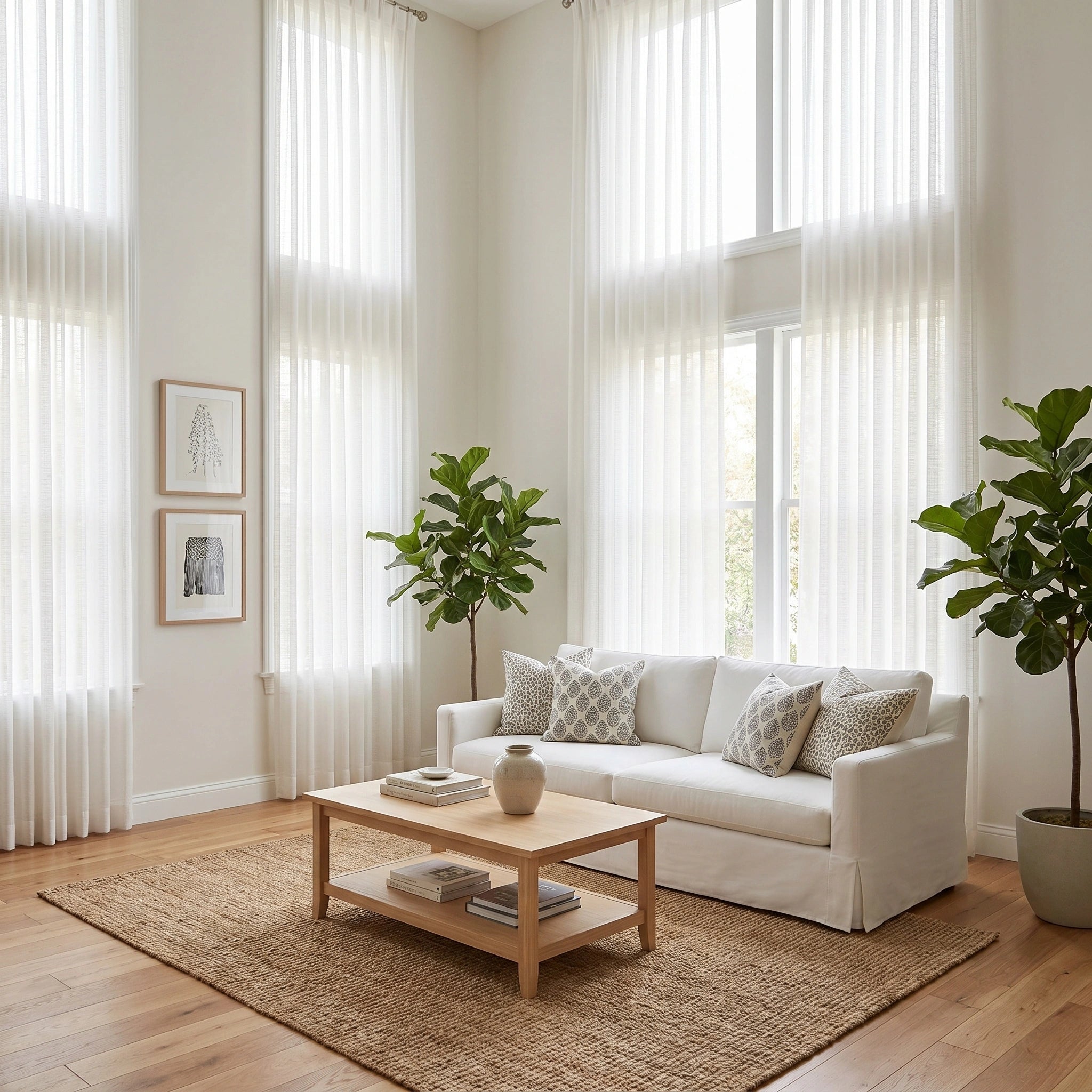 Light beige Theia Linen Sheer Curtains from DWCN Official hanging in a window, showcasing their soft, airy fabric and elegant drape.