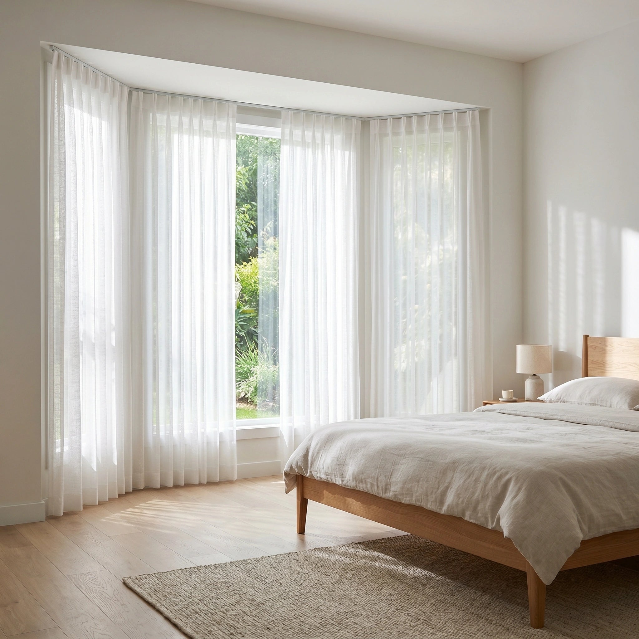 Light beige Theia Linen Sheer Curtains from DWCN Official hanging in a window, showcasing soft, flowing fabric and elegant design.