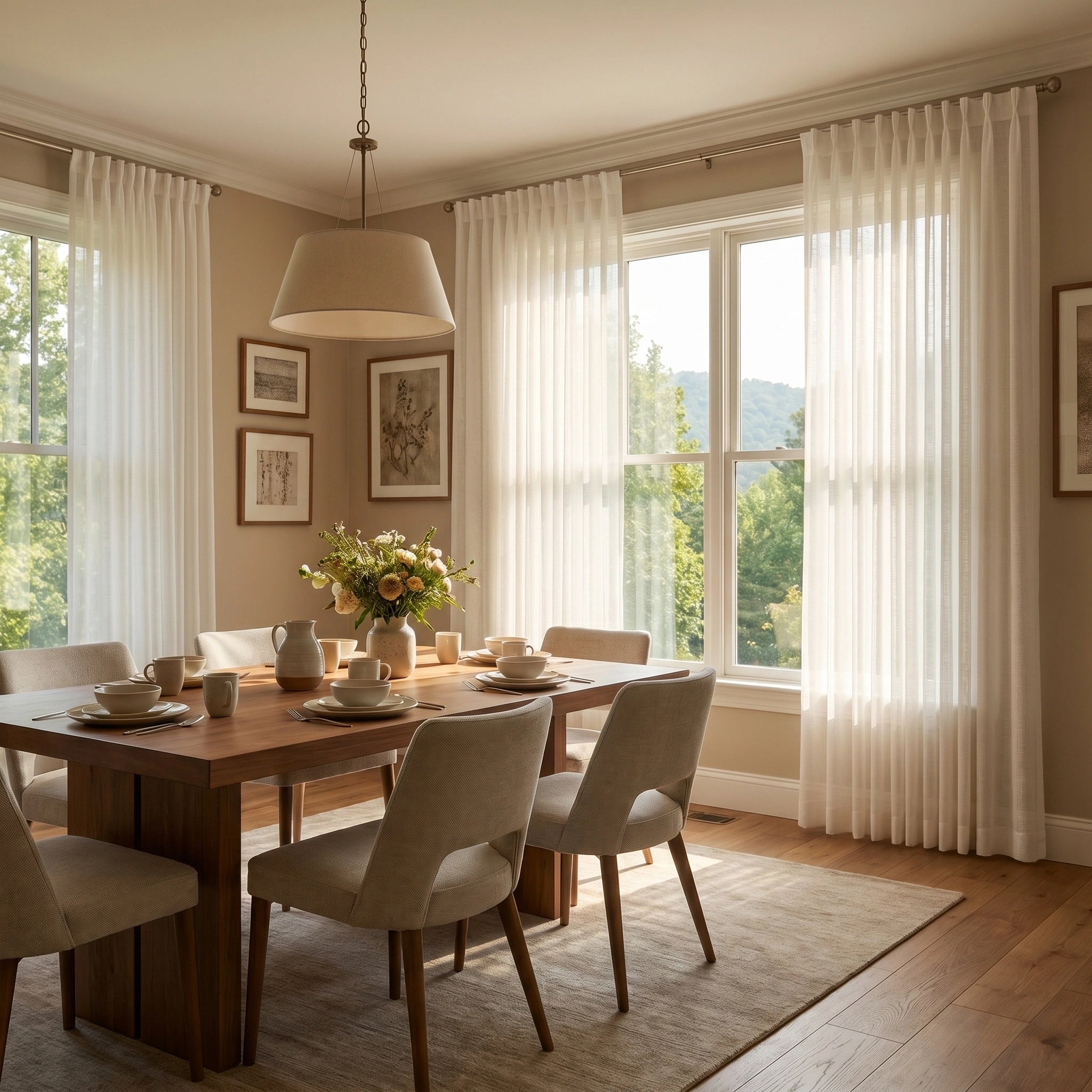 Light gray Theia Linen Sheer Curtains by DWCN Official hanging in a bright window, showcasing soft, flowing linen fabric and elegant design.