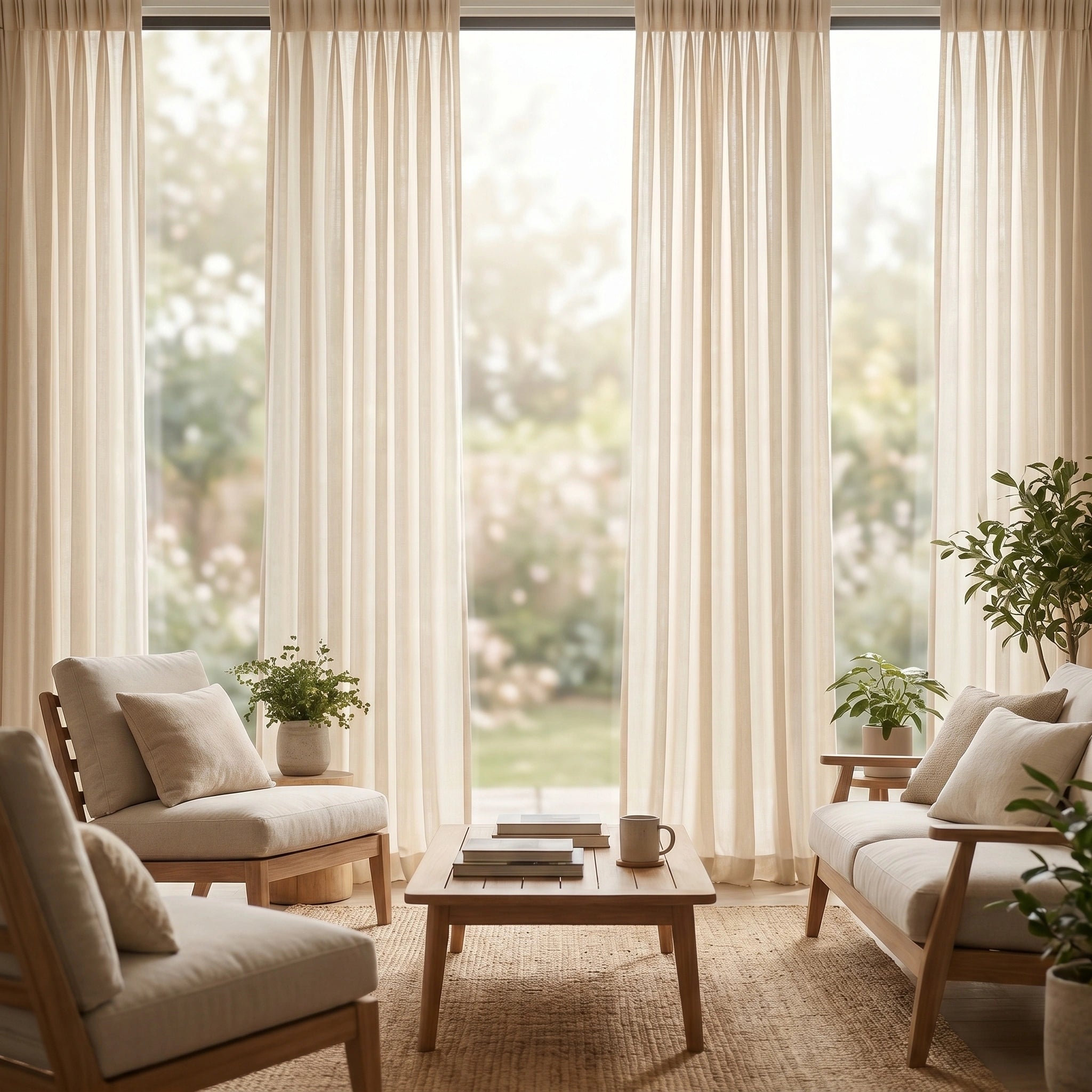 Light-colored Calliope Cream Linen Voile Curtain by DWCN Official hanging smoothly, showcasing its airy and soft fabric texture.