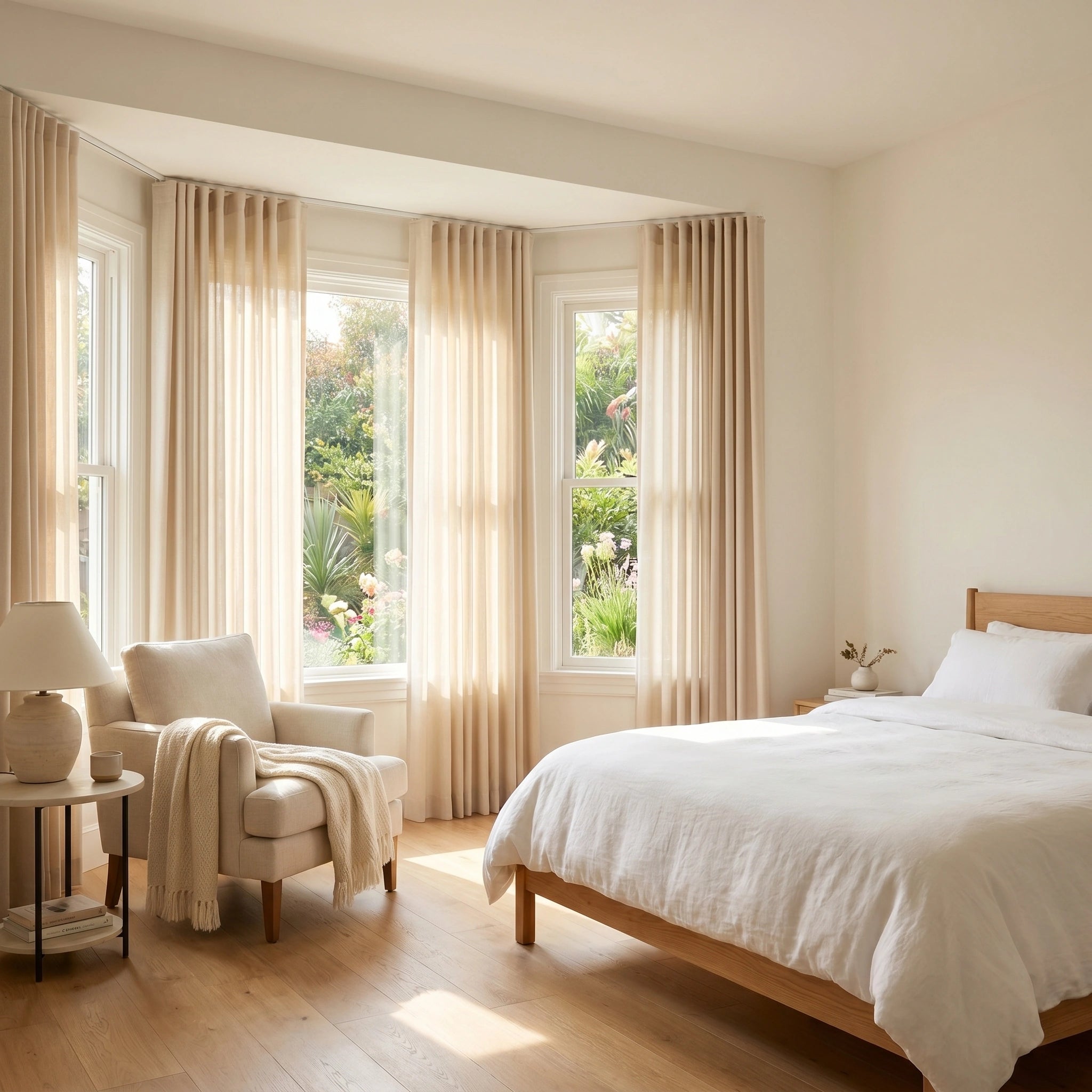 Light cream linen voile curtain with subtle texture, perfect for elegant window decor by DWCN Official.