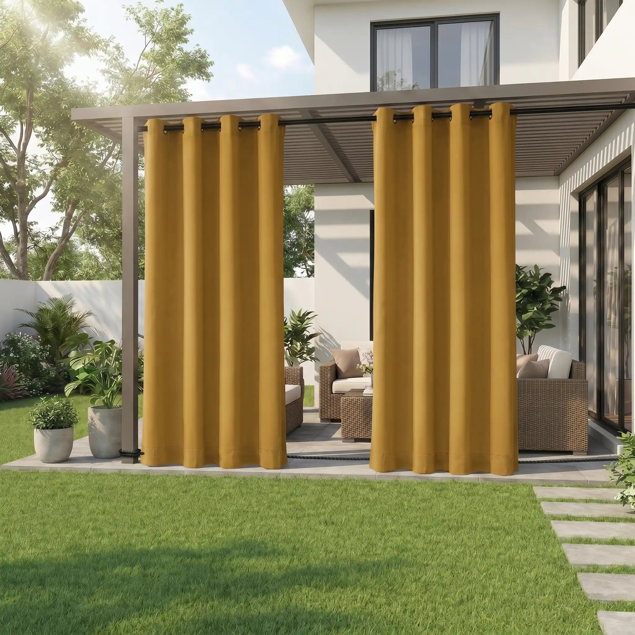 Outdoor waterproof curtain with grommet top and rope bottom by DWCN Official, windproof design, ideal for outdoor weather protection.