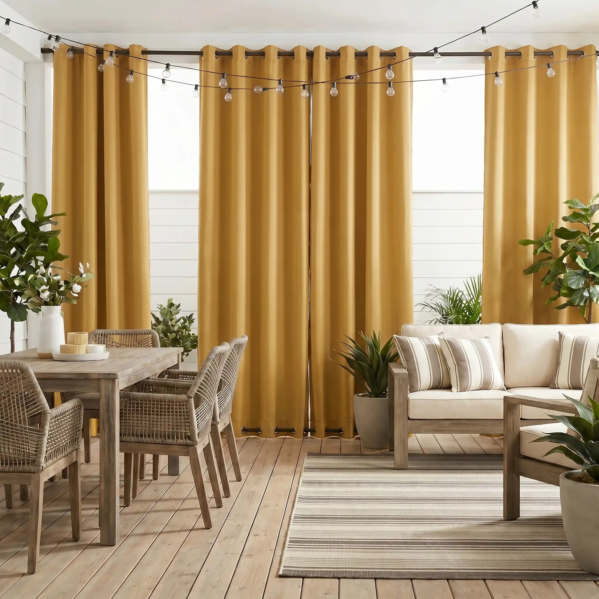 Outdoor waterproof curtains with grommet top and bottom, windproof design by DWCN Official, suitable for patio or balcony use.