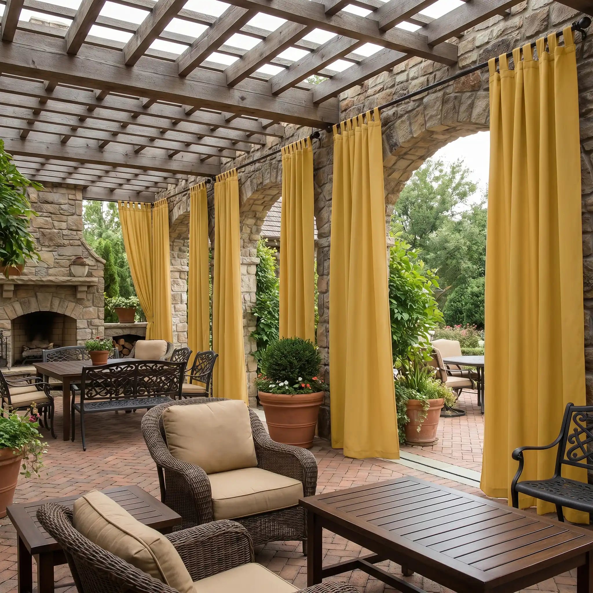 DWCN official outdoor curtain with tab top and ropes, windproof and waterproof fabric for outdoor weather protection.