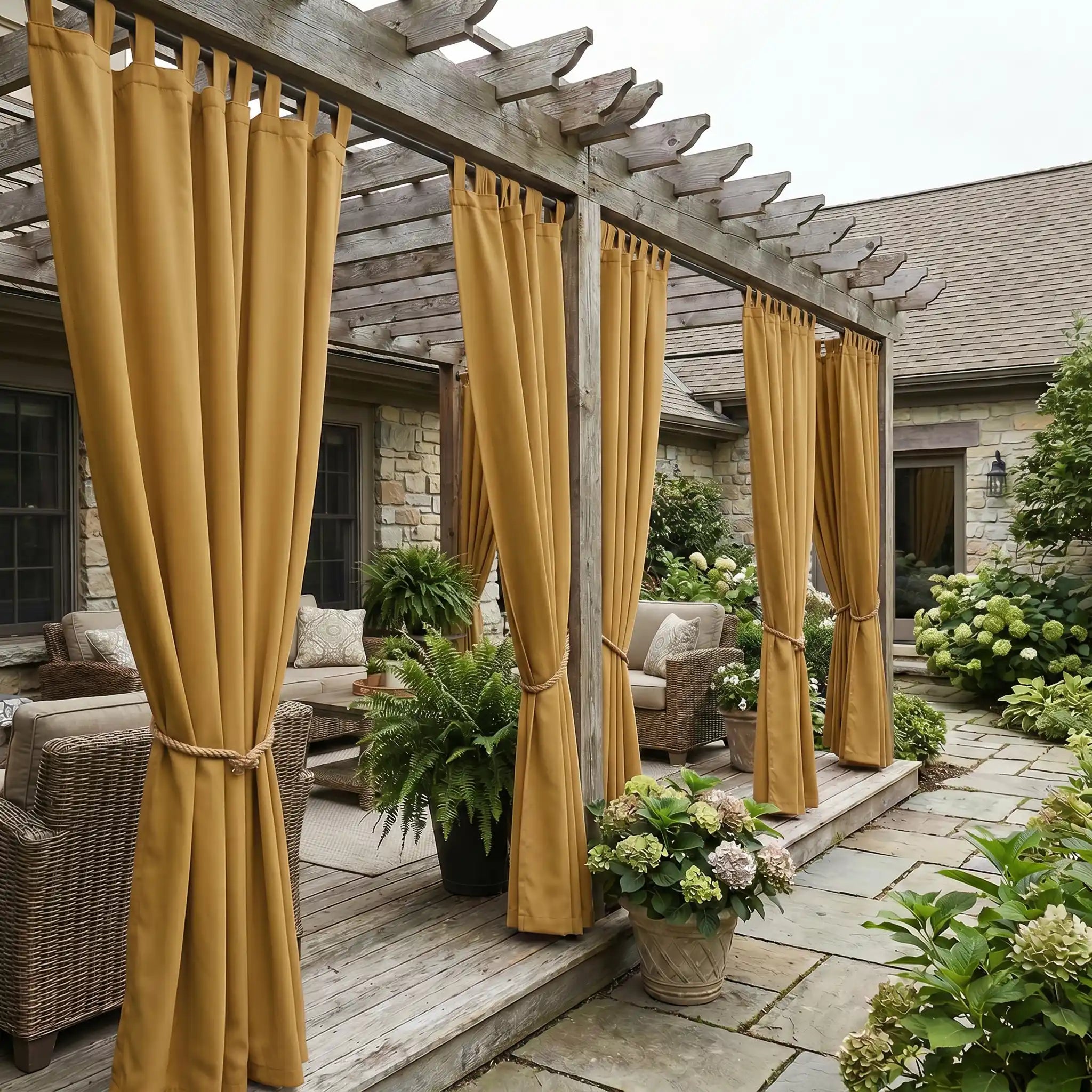 DWCN Official waterproof outdoor curtain with tab top design, suitable for patio or garden protection from weather elements.