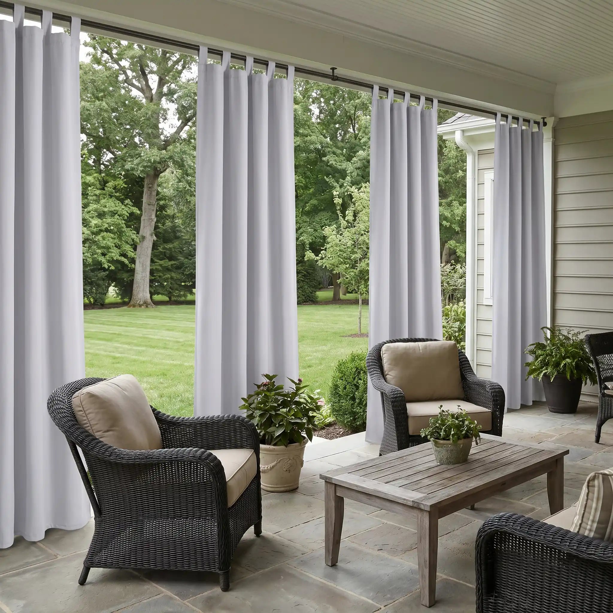 DWCN Official waterproof outdoor curtain with tab top design, ideal for patio or garden protection from rain and wind.