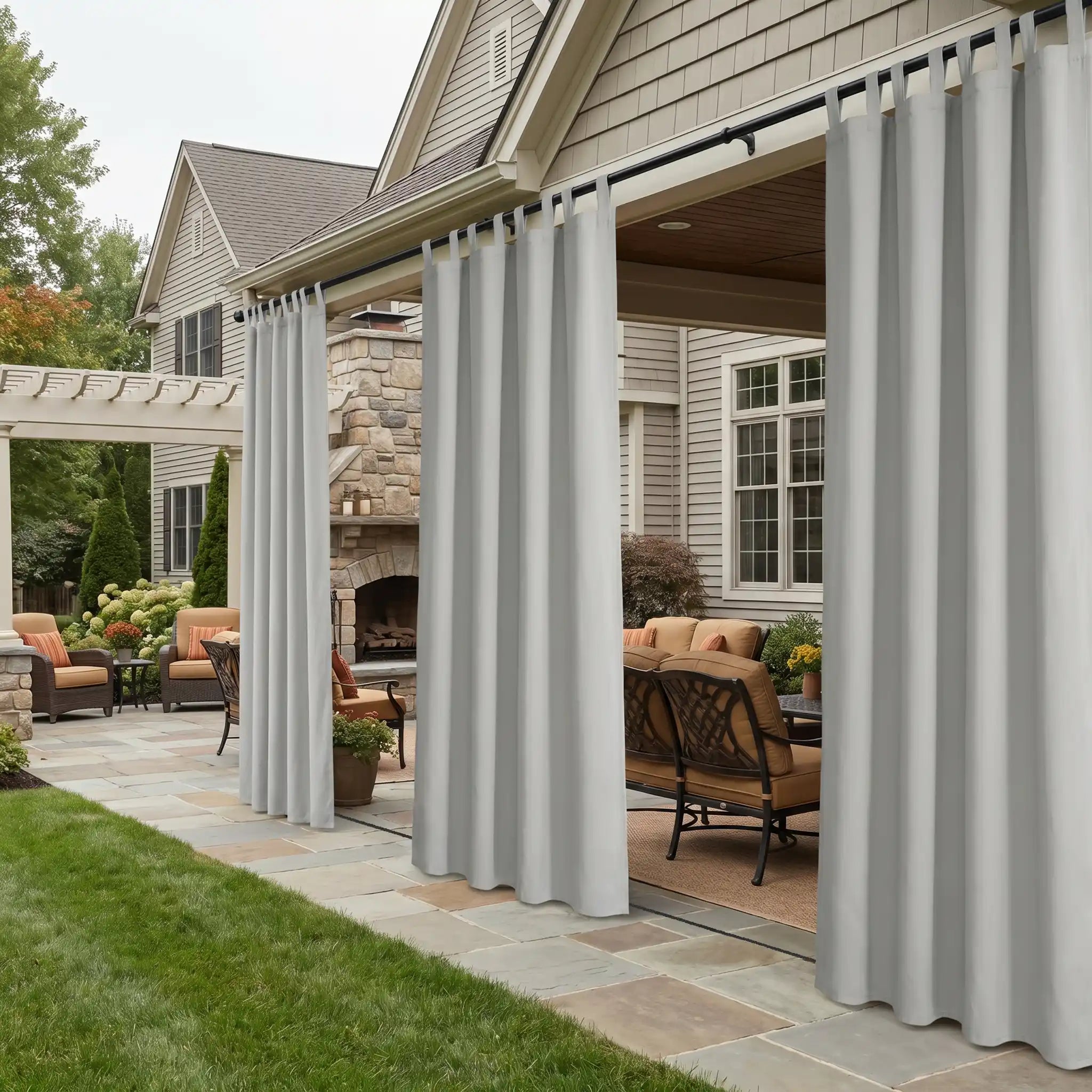 DWCN Official outdoor curtain with tab top and ropes, windproof and waterproof fabric for outdoor privacy and weather protection.