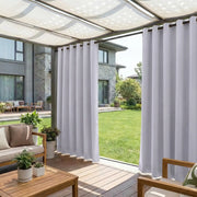 DWCN Official grommet top outdoor curtain with ropes, windproof and waterproof fabric, ideal for patio or balcony outdoor space.