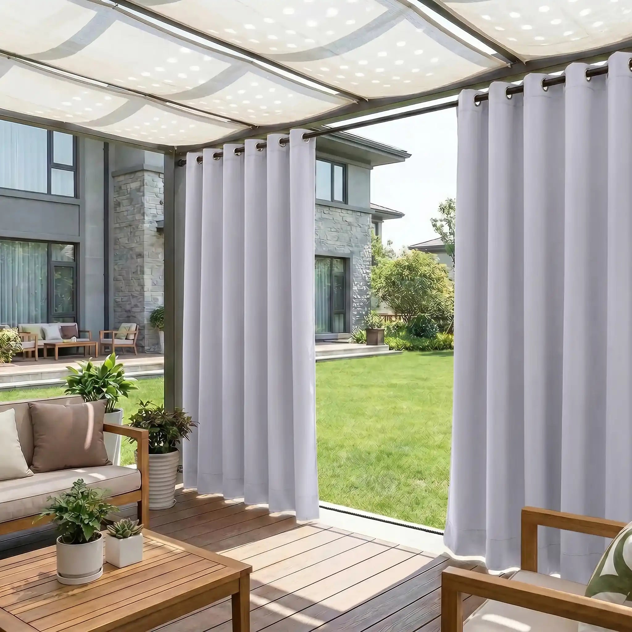 DWCN Official grommet top outdoor curtain with ropes, windproof and waterproof fabric, ideal for patio or balcony outdoor space.