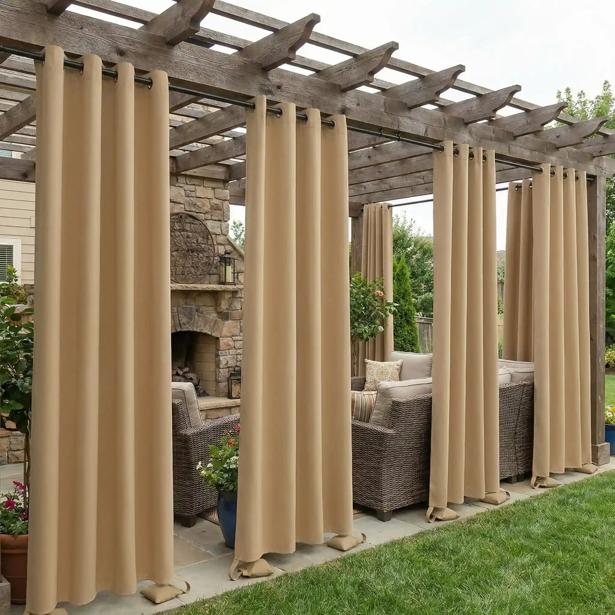Outdoor curtain with grommet top and weighted bags, windproof and waterproof design by DWCN Official, suitable for outdoor use.