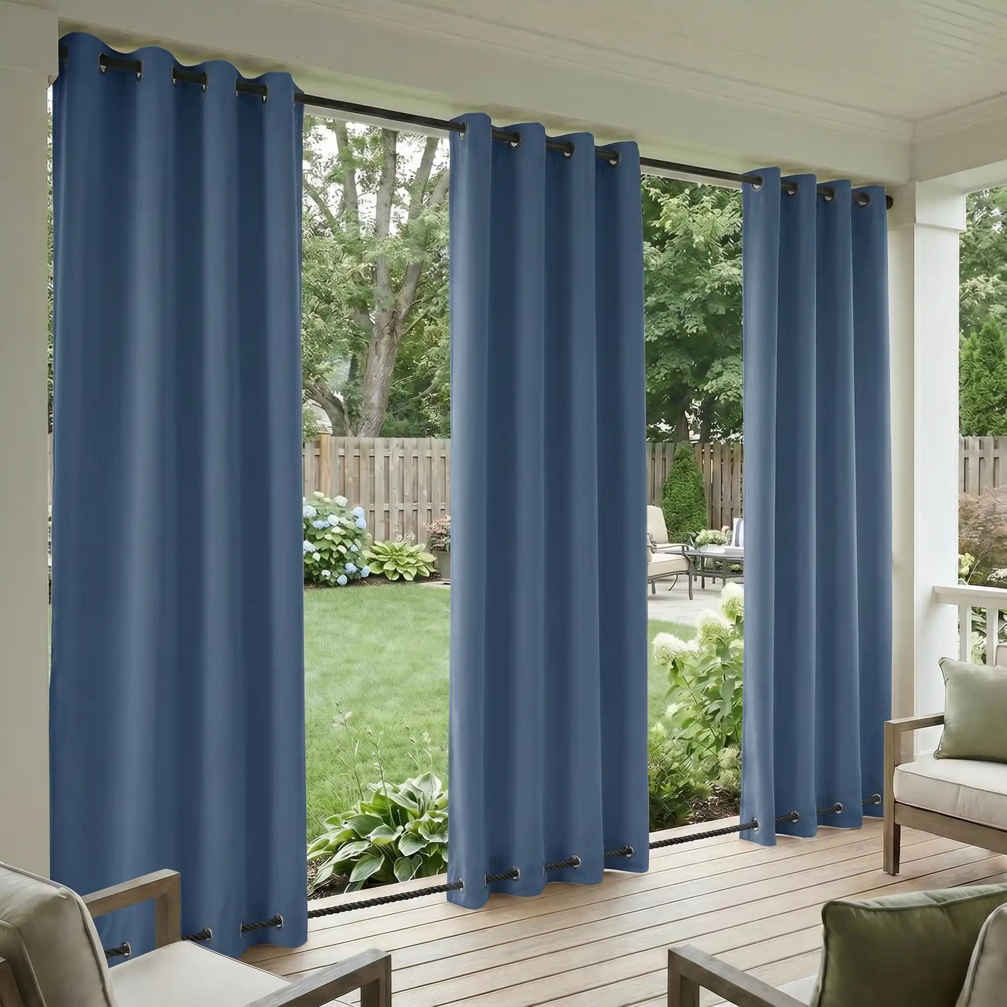 Waterproof outdoor curtains with grommet top and bottom, windproof design by DWCN Official, ideal for patio or balcony outdoor spaces.