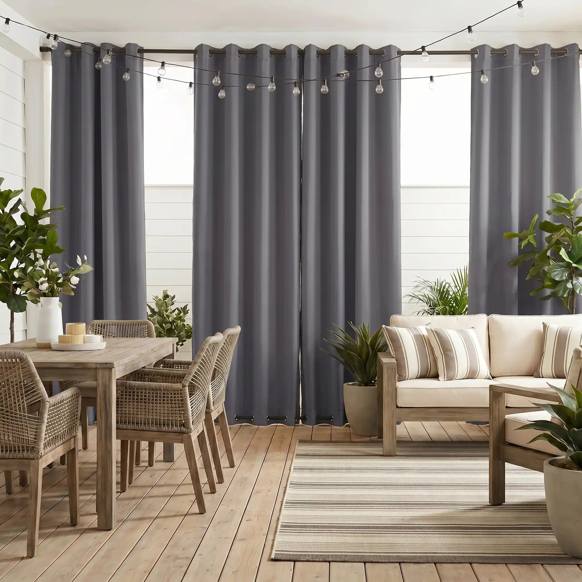 Outdoor waterproof curtains with grommet top and bottom, windproof design by DWCN Official for patio or garden use.