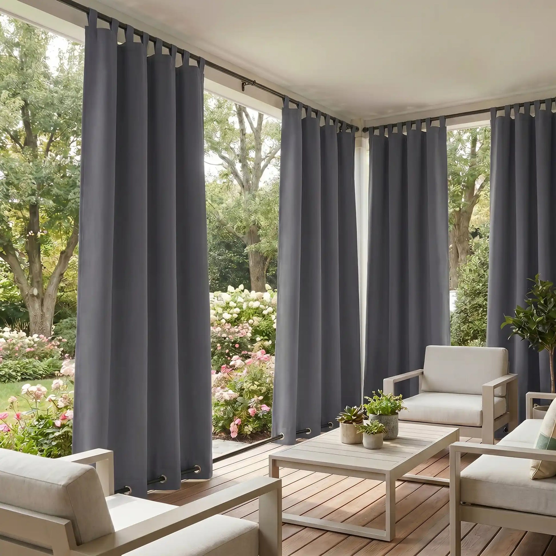 DWCN Official outdoor curtains with tab top and grommet bottom, windproof and waterproof fabric for outdoor privacy and protection.