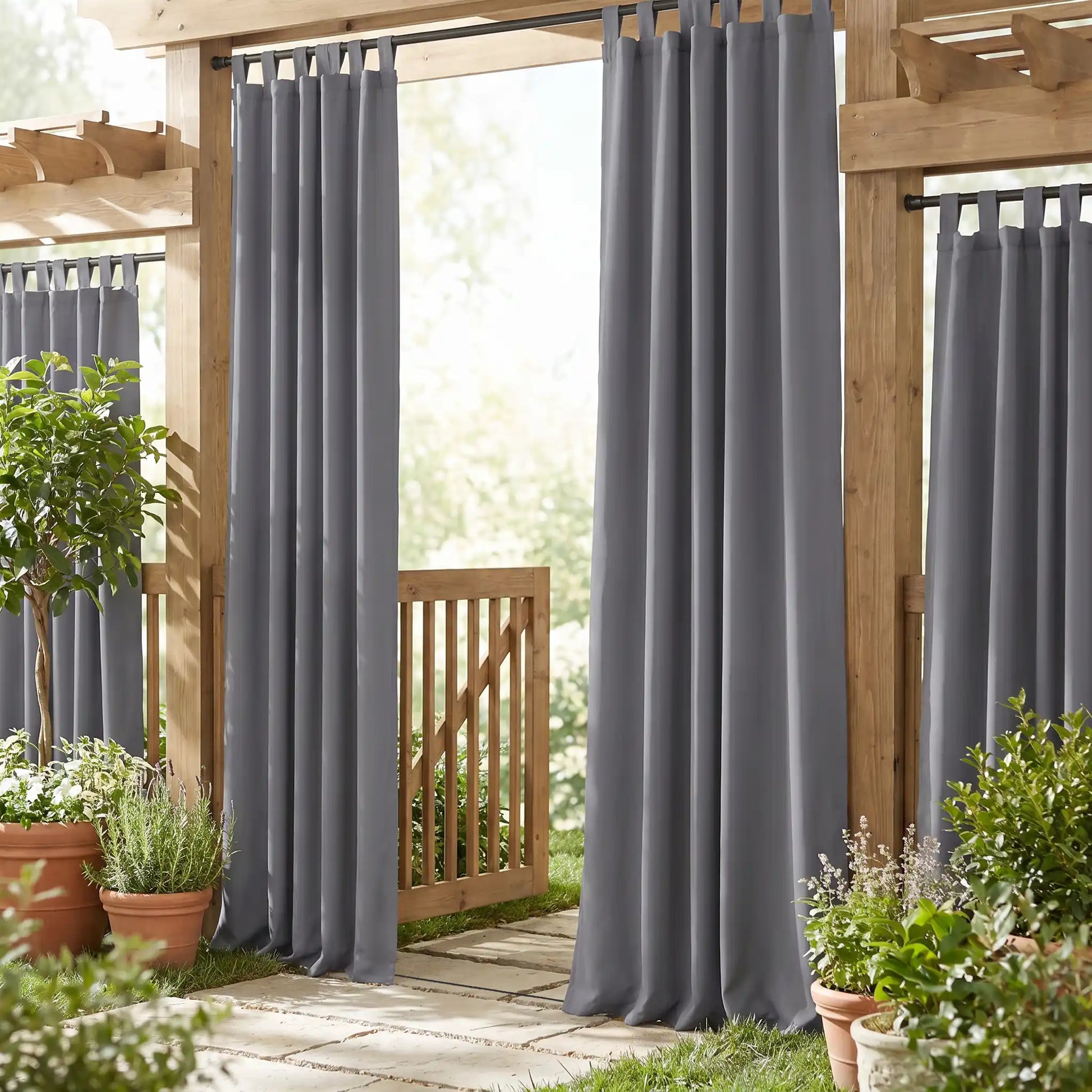 Outdoor curtain with tab tops and ropes by DWCN Official, windproof and waterproof fabric suitable for outdoor use.