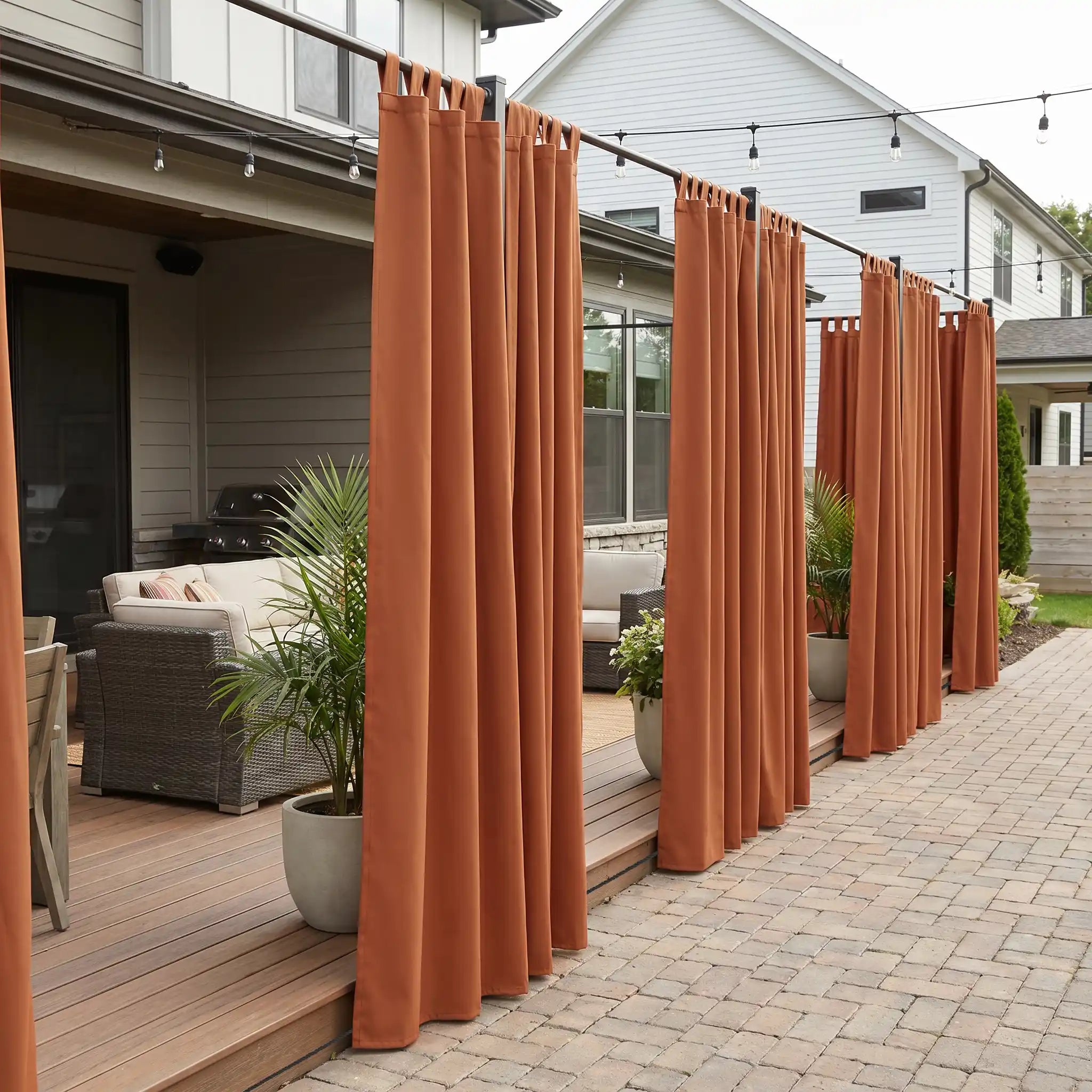 DWCN official outdoor curtain with tab top and ropes, windproof and waterproof fabric for outdoor weather protection.