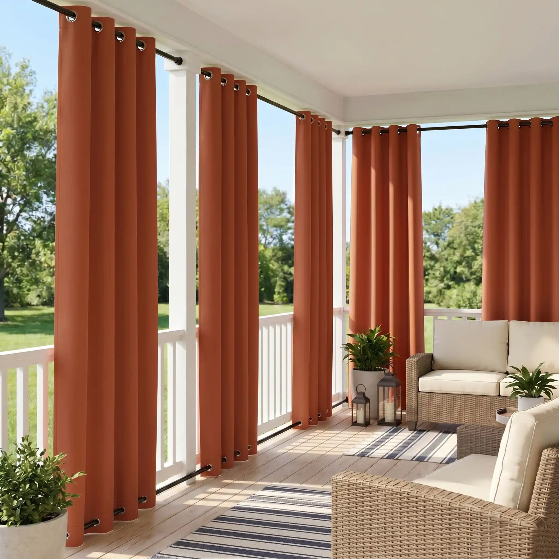 Outdoor curtains with grommet tops from DWCN Official, windproof and waterproof fabric for outdoor patio or balcony use.