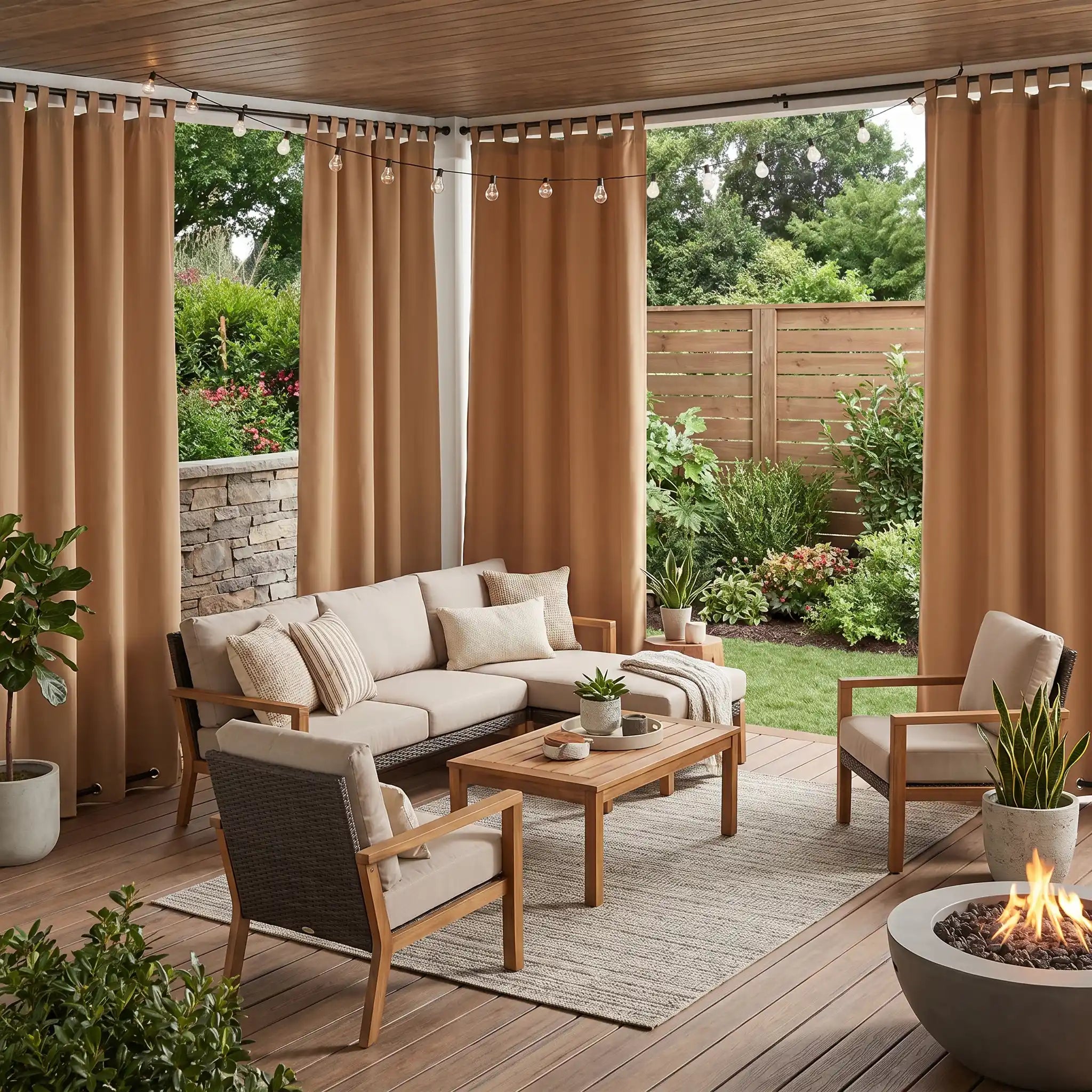 DWCN Official outdoor curtains with tab top and grommet bottom, windproof and waterproof for patio or garden use.