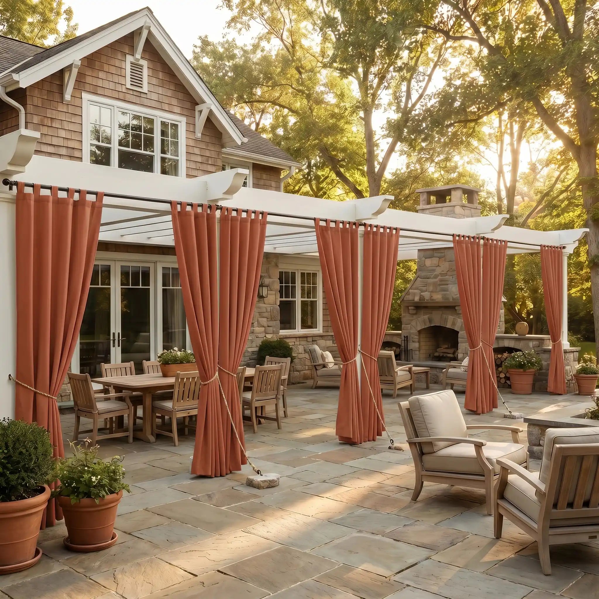 DWCN Official waterproof outdoor curtain with tab top design, suitable for patios and decks, weather-resistant fabric for outdoor use.