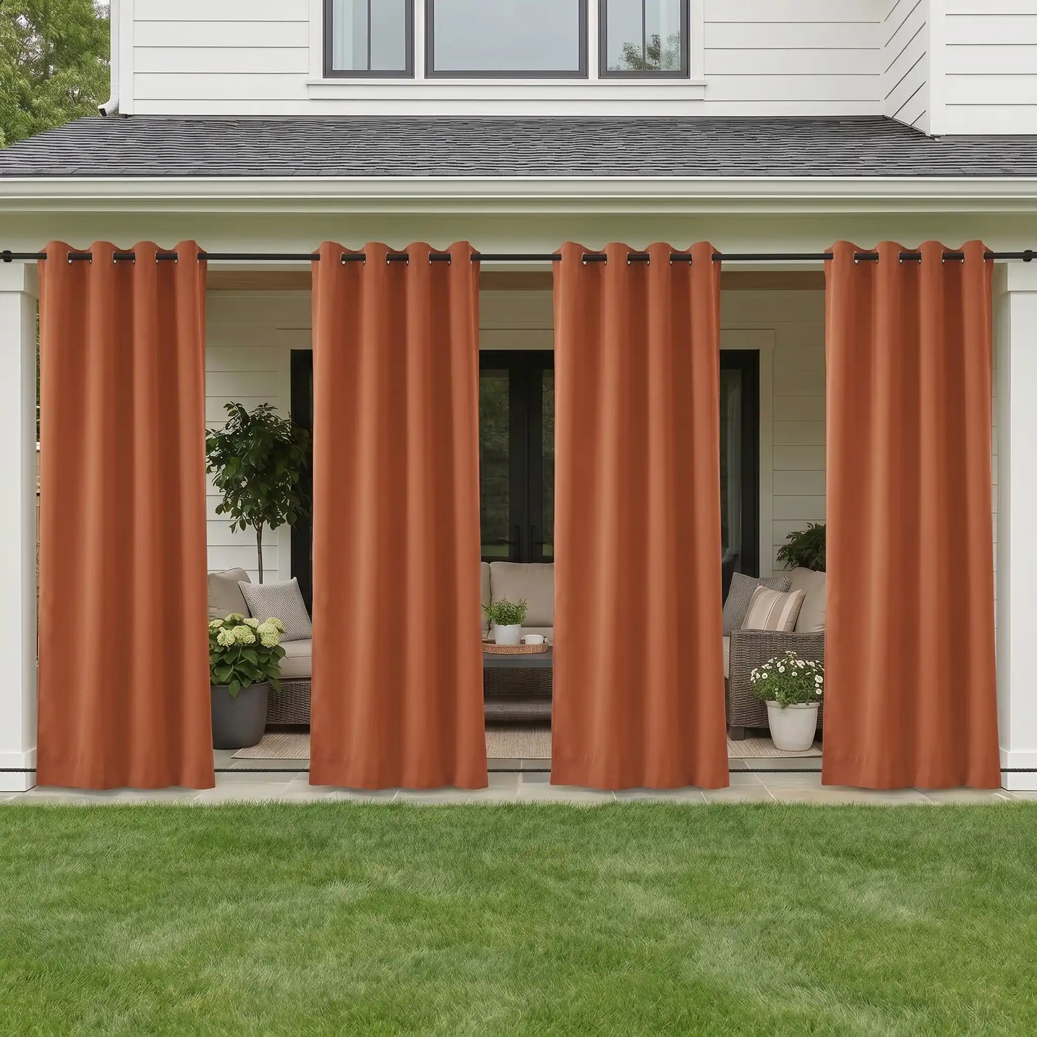 Outdoor curtain with grommet top and rope bottom, windproof and waterproof by DWCN Official, shown hanging outdoors.
