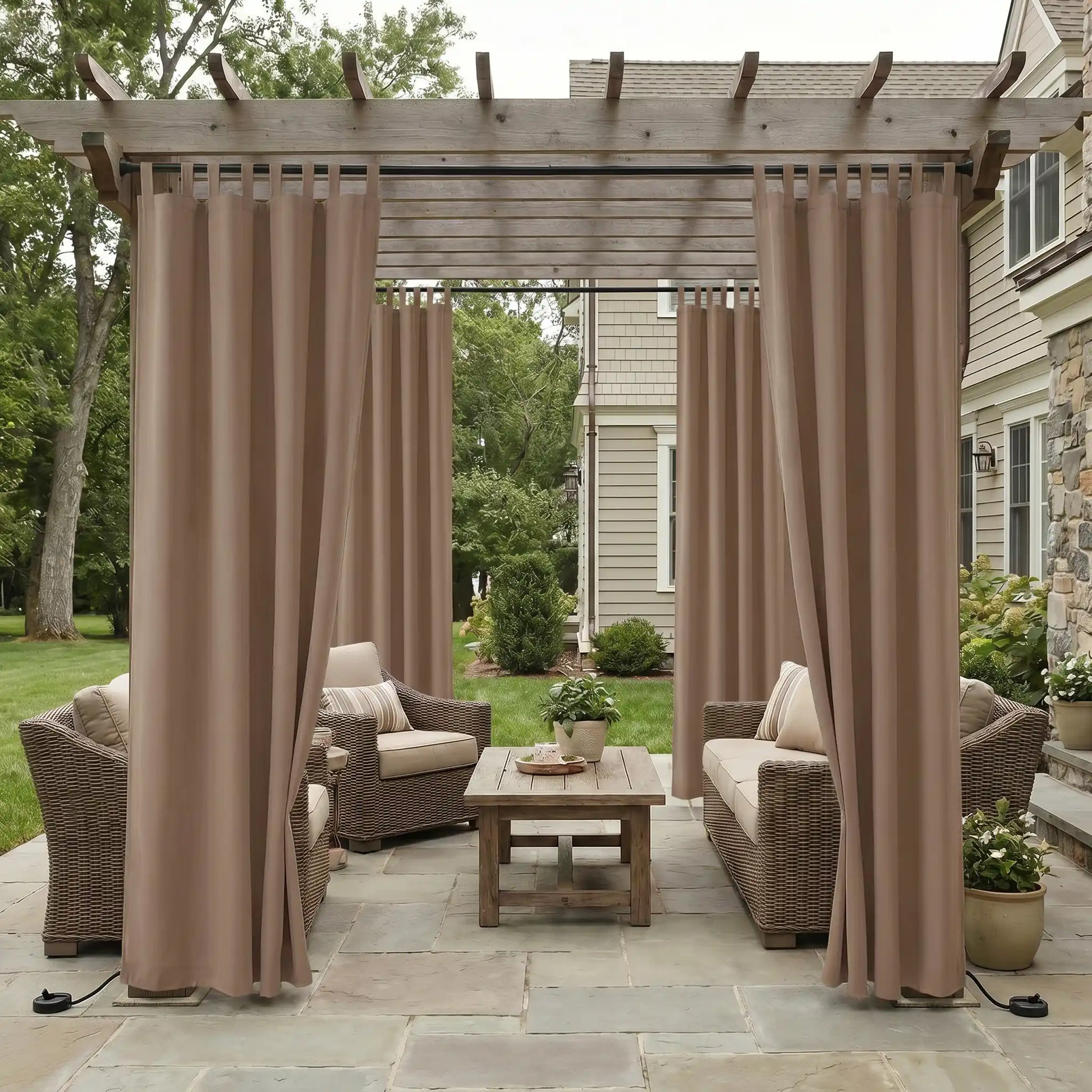 DWCN Official waterproof outdoor curtain with tab top design, ideal for patio or garden protection from weather elements.