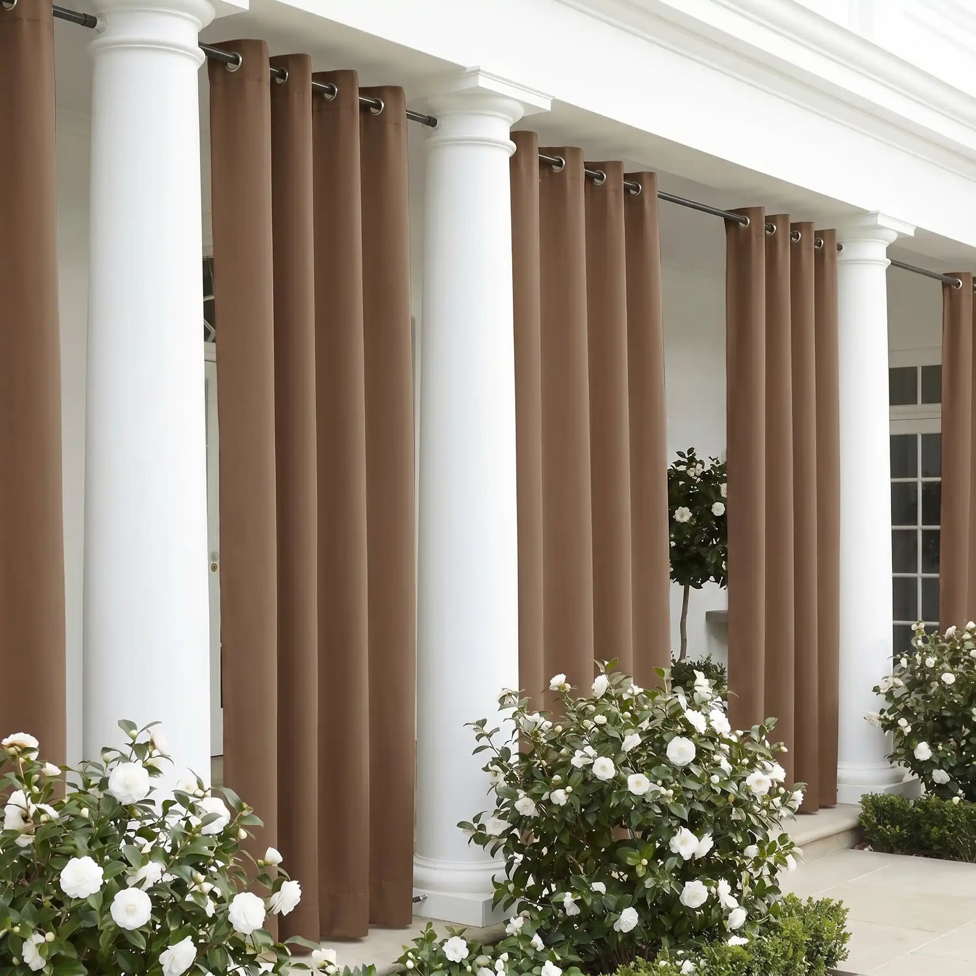 DWCN Official outdoor curtain with grommet top and ropes, windproof and waterproof fabric, ideal for patio or garden use.