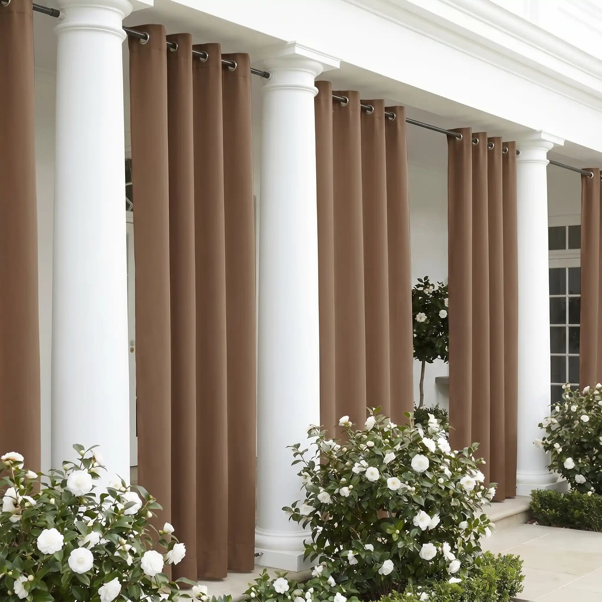 DWCN Official outdoor curtain with grommet top and ropes, windproof and waterproof fabric, ideal for patio or garden use.