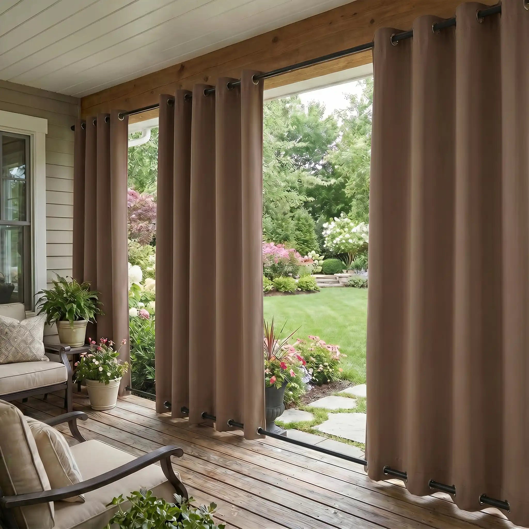 Outdoor curtains with grommet top and bottom, waterproof and windproof by DWCN Official, shown hanging outdoors.