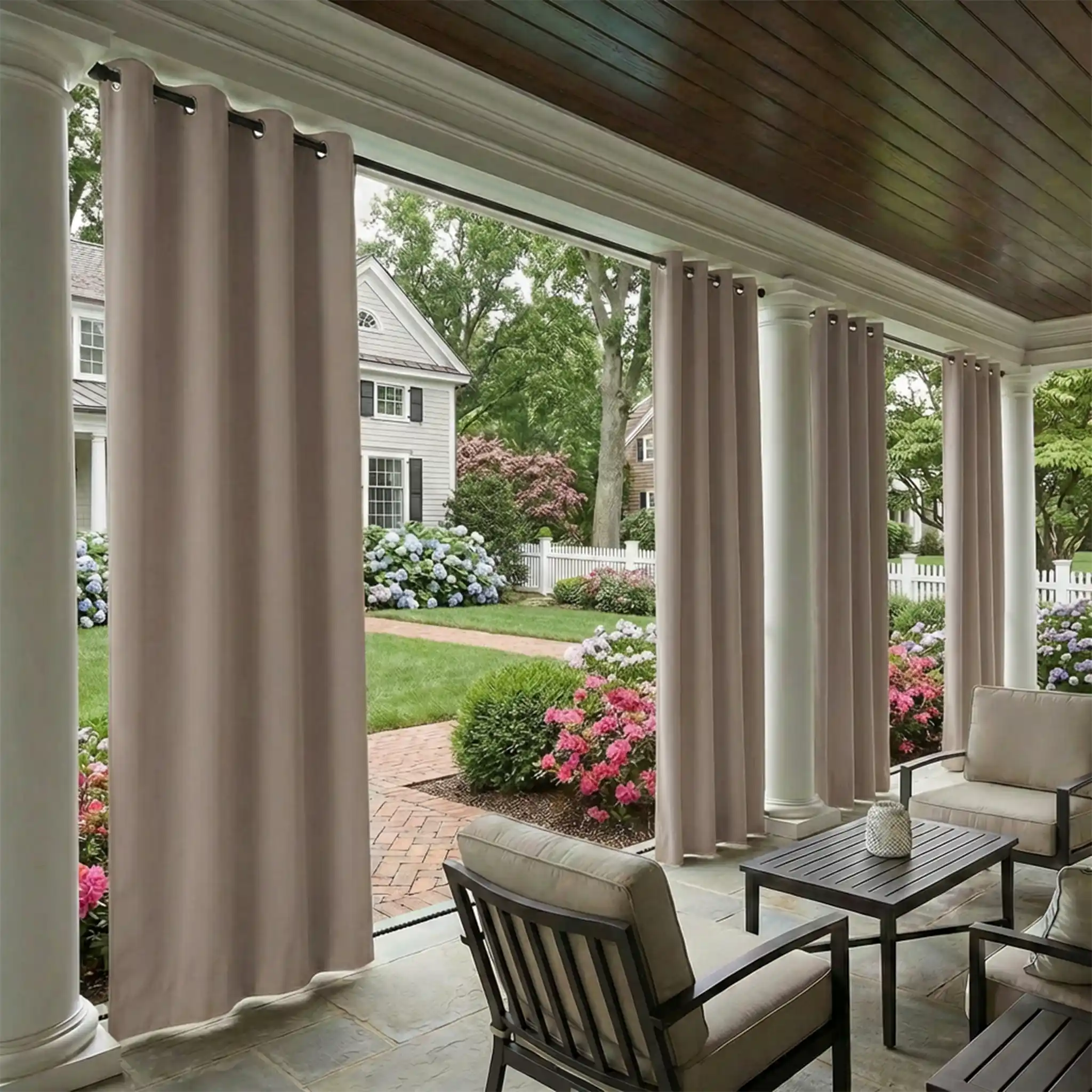 DWCN outdoor curtain with tab top and ropes, windproof and waterproof fabric, ideal for outdoor patio or garden use.