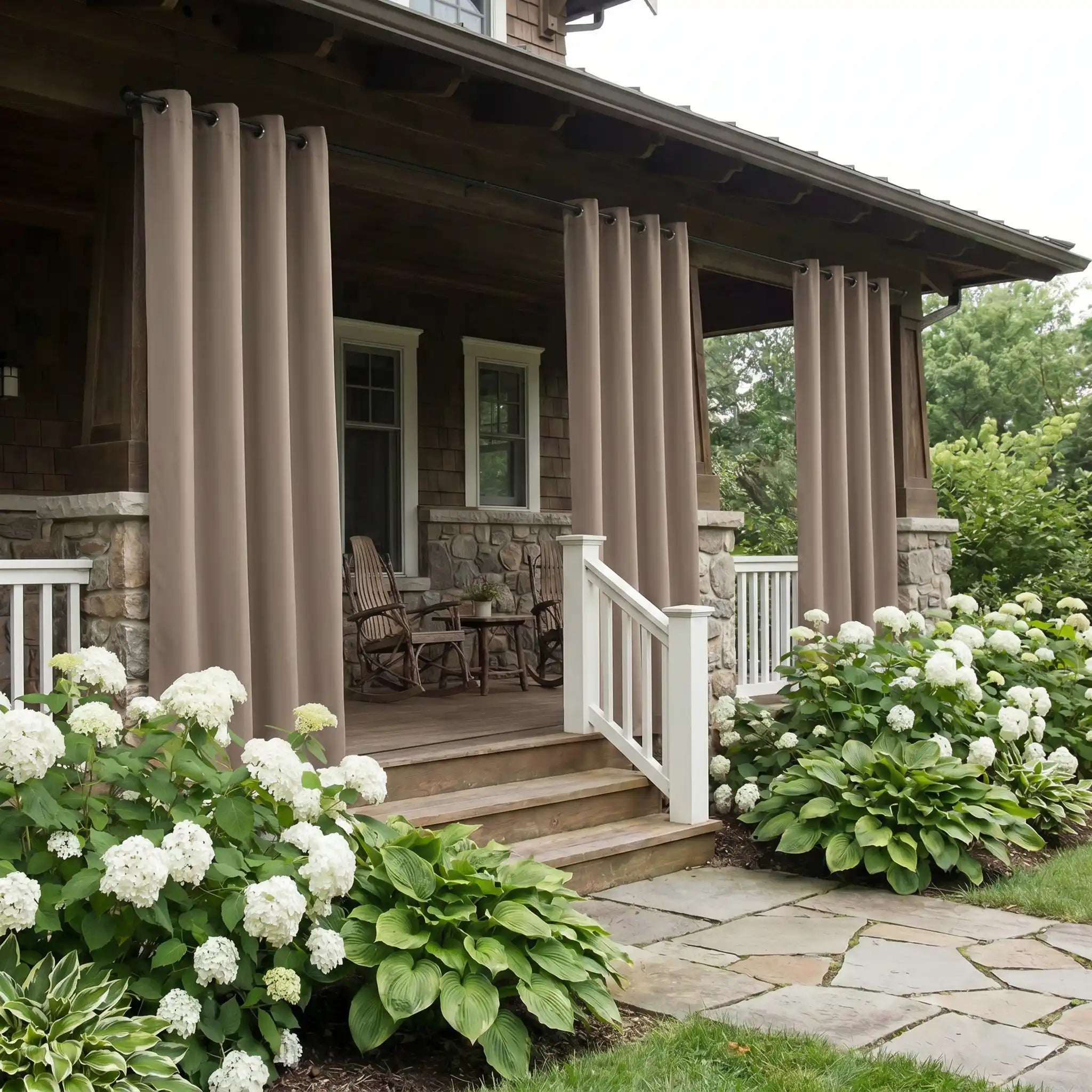 DWCN Official outdoor curtain with grommets and ropes, windproof and waterproof fabric, shown hanging outdoors in a garden setting