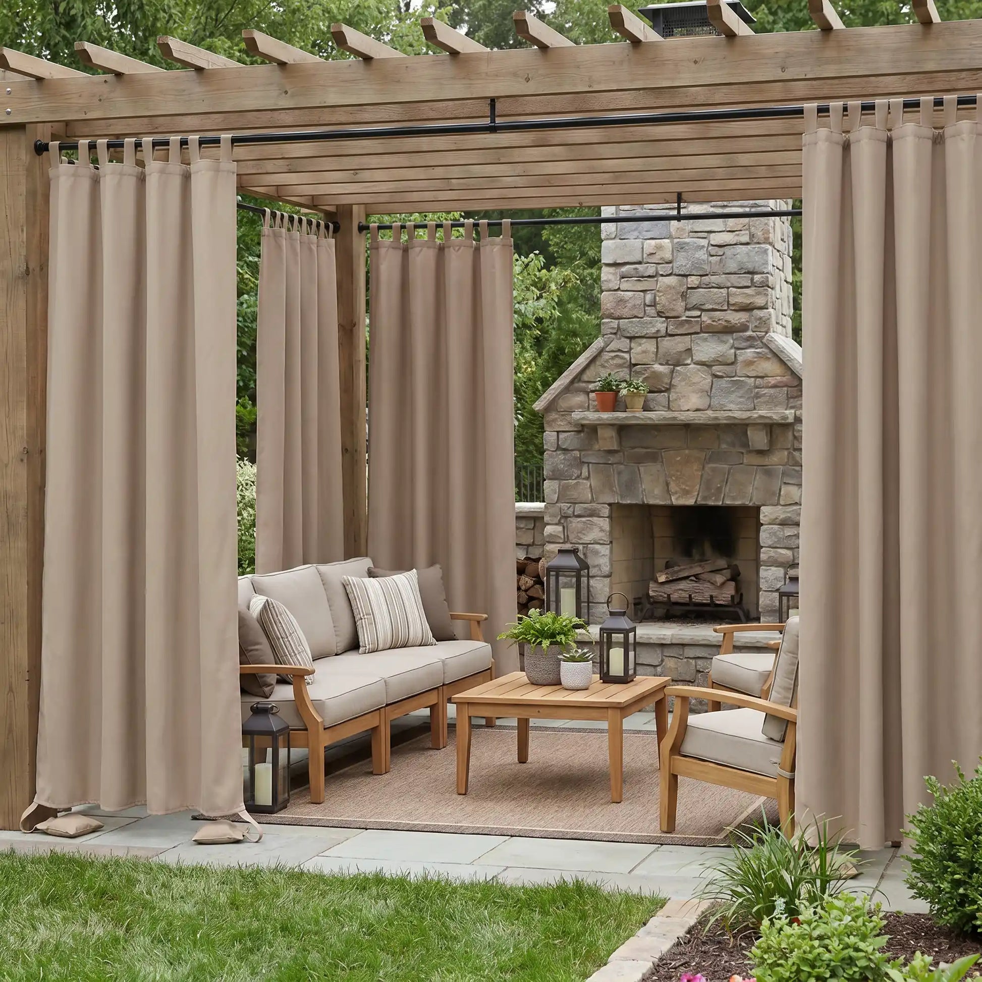 DWCN official outdoor curtain with tab top and weighted bottom, windproof and waterproof fabric, ideal for outdoor weather protection.