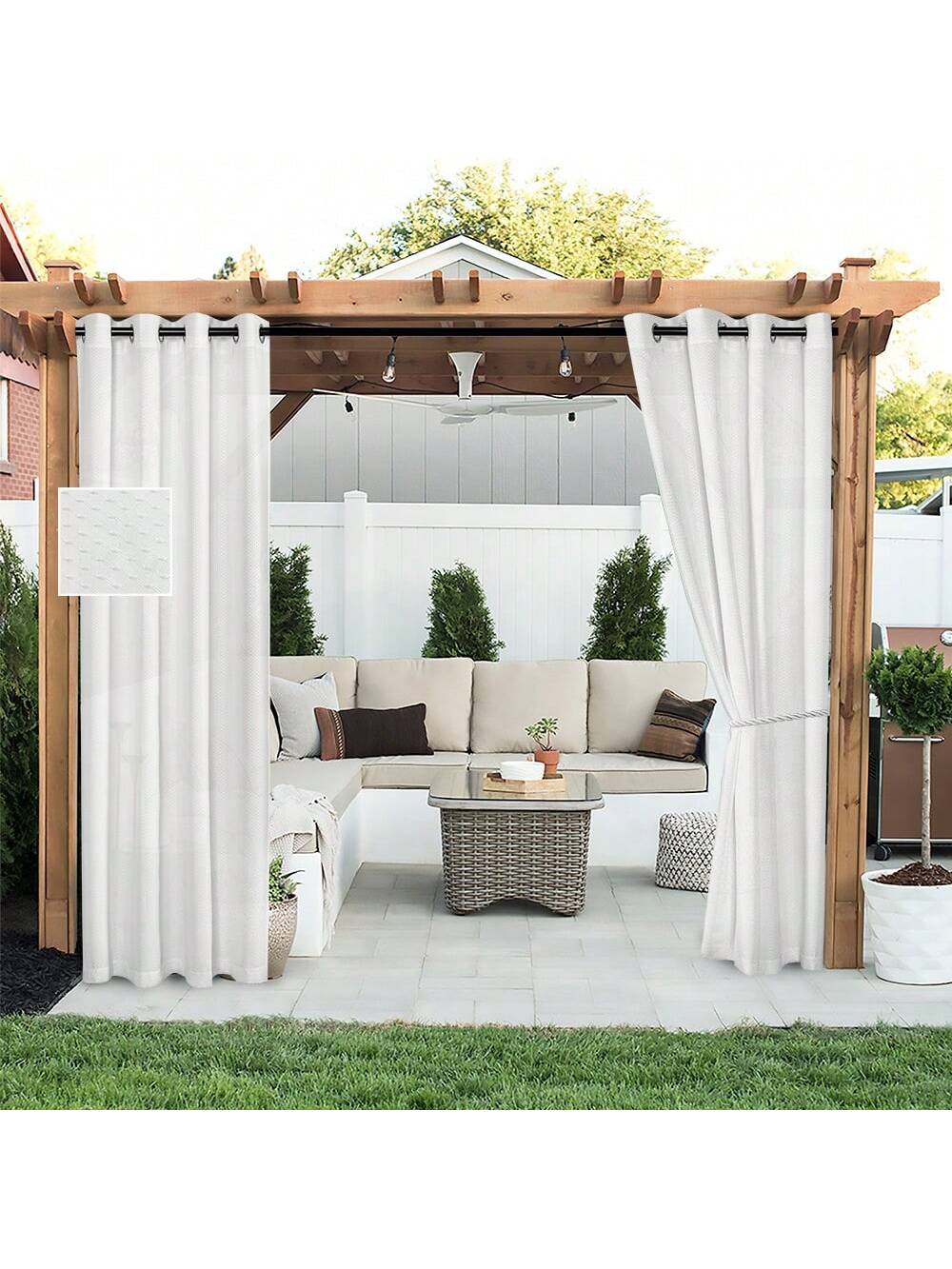 DWCN 2 Panels Geometric Grid Waterproof Outdoor Curtains