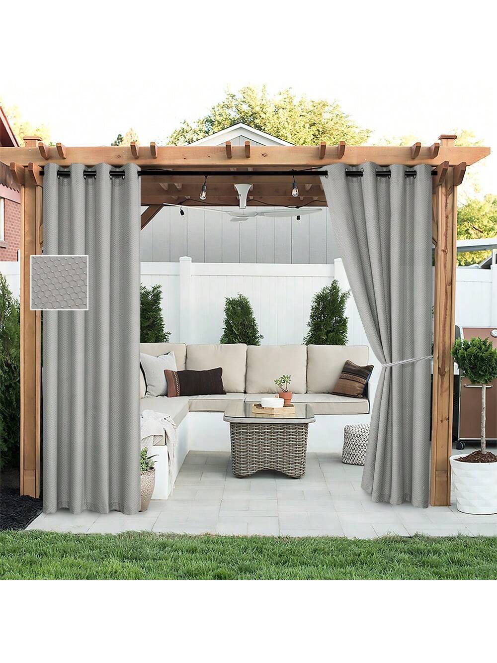 DWCN 2 Panels Geometric Grid Waterproof Outdoor Curtains