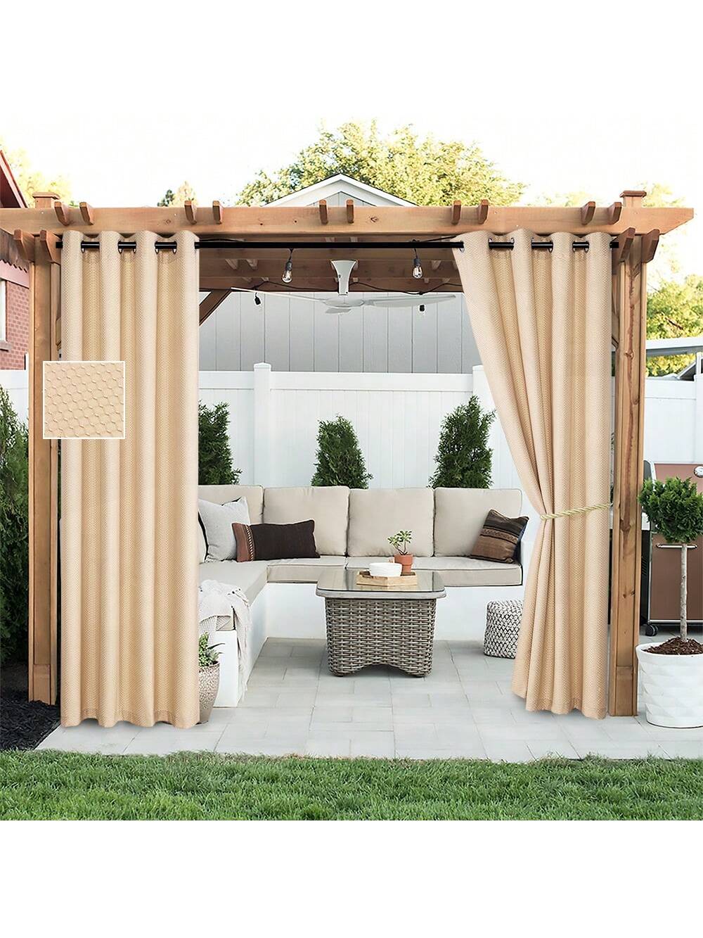 DWCN 2 Panels Geometric Grid Waterproof Outdoor Curtains