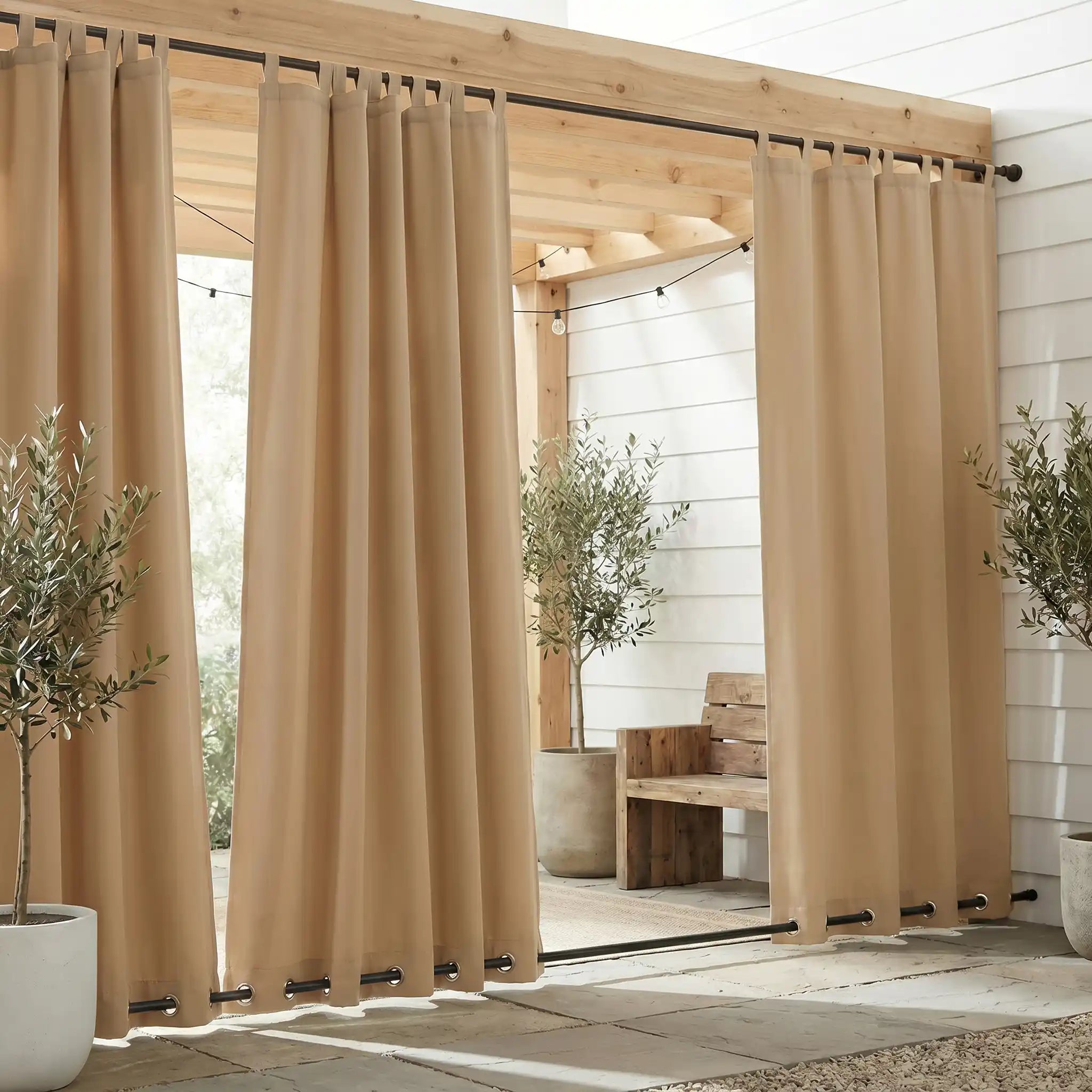 Outdoor curtains with grommet top, windproof and waterproof, by DWCN Official, showing fabric with grommets and outdoor setting
