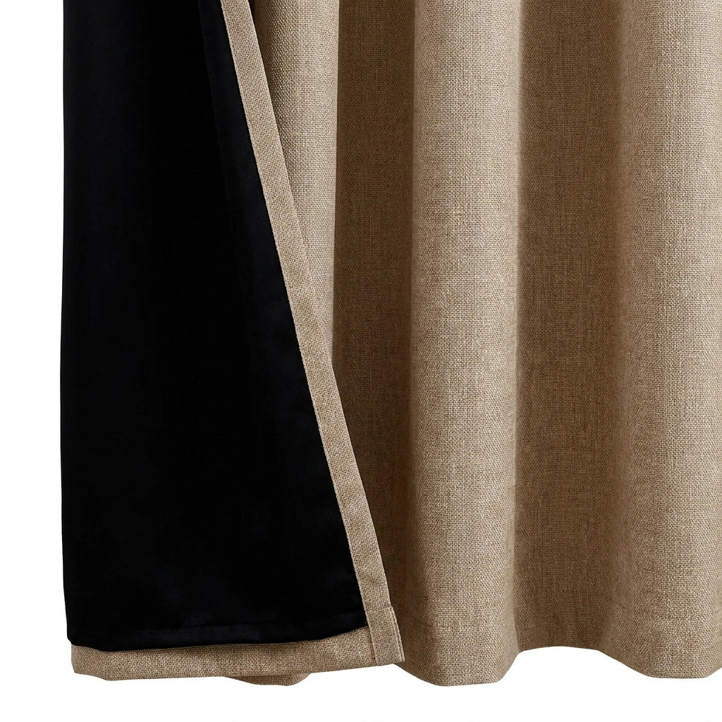Blackout curtains fabric with black lining and beige textured front, offering room darkening privacy and custom blackout curtain performance.
