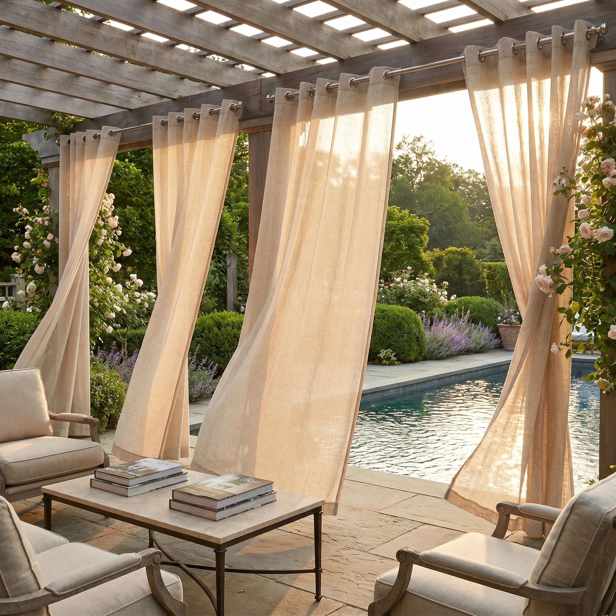Daphne 100% Linen Wheat Grid Outdoor Sheer Curtain