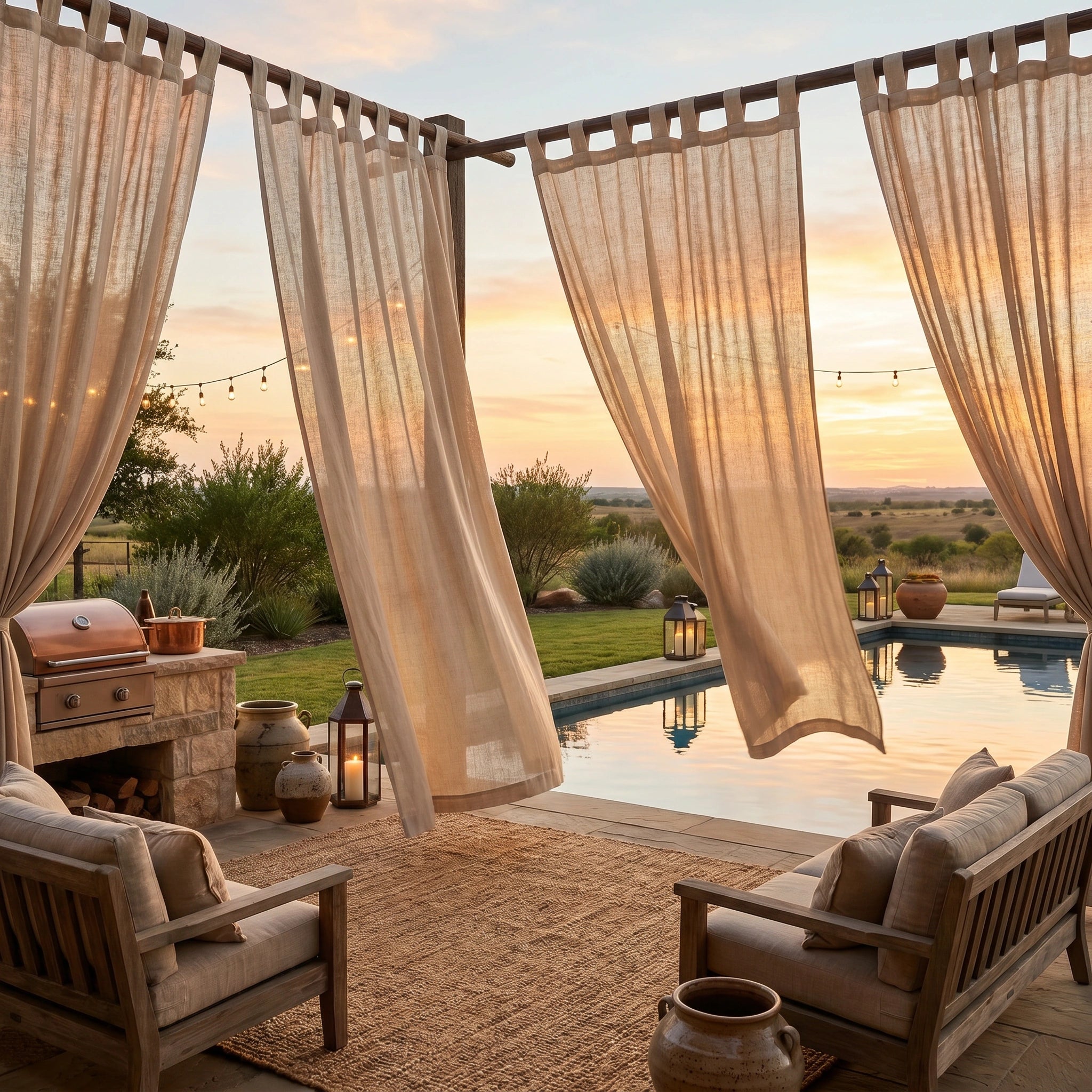Daphne 100% Linen Wheat Grid Outdoor Sheer Curtain