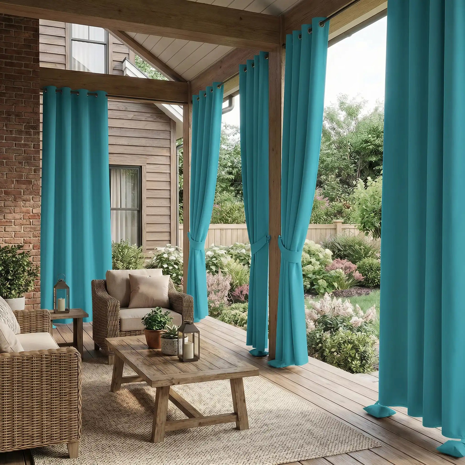 Outdoor waterproof curtain with grommet top and weighted bottom, windproof design by DWCN Official for outdoor use.