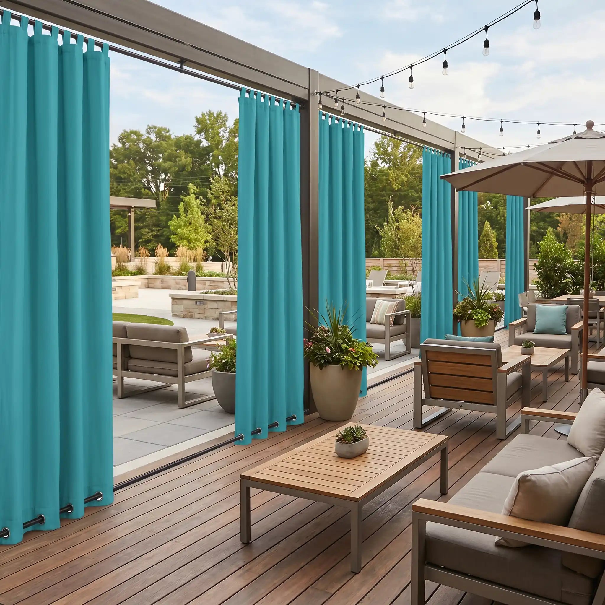 Windproof and waterproof outdoor curtains with tab top and grommet bottom by DWCN Official, shown hanging outdoors.