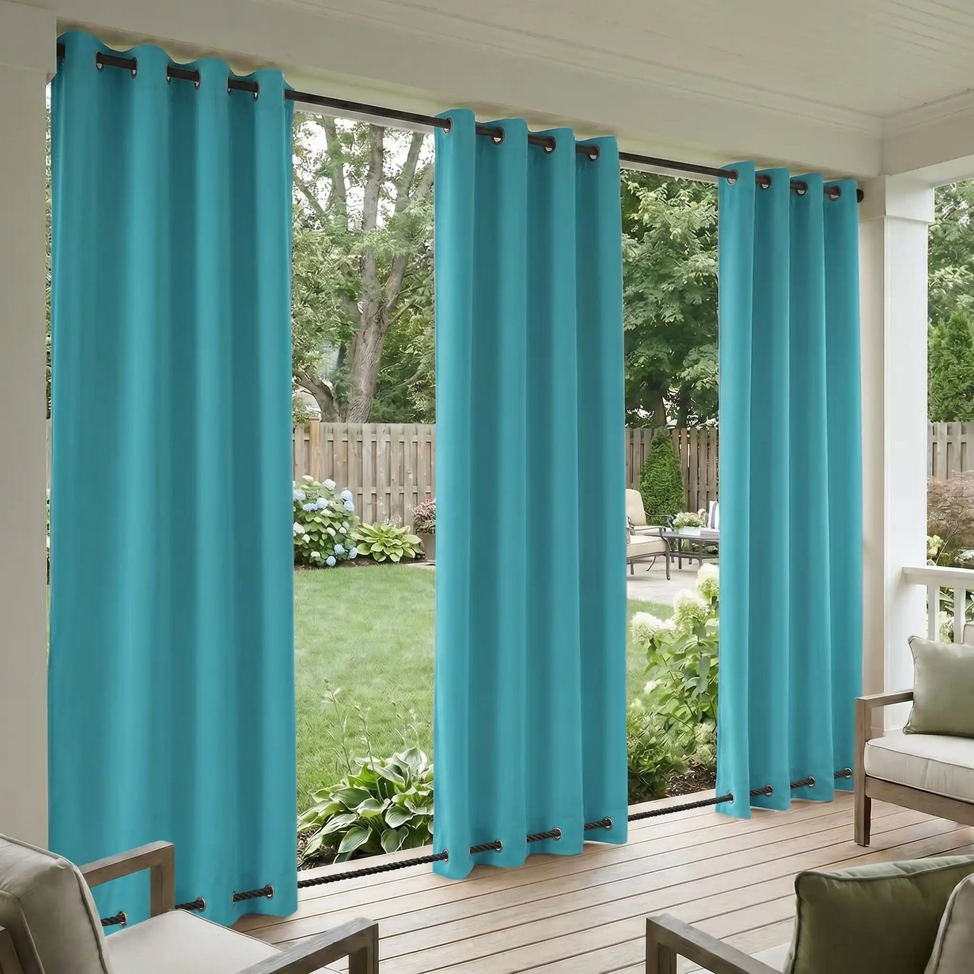 Outdoor curtains with grommet top and bottom, waterproof and windproof fabric, ideal for outdoor patio or garden spaces.
