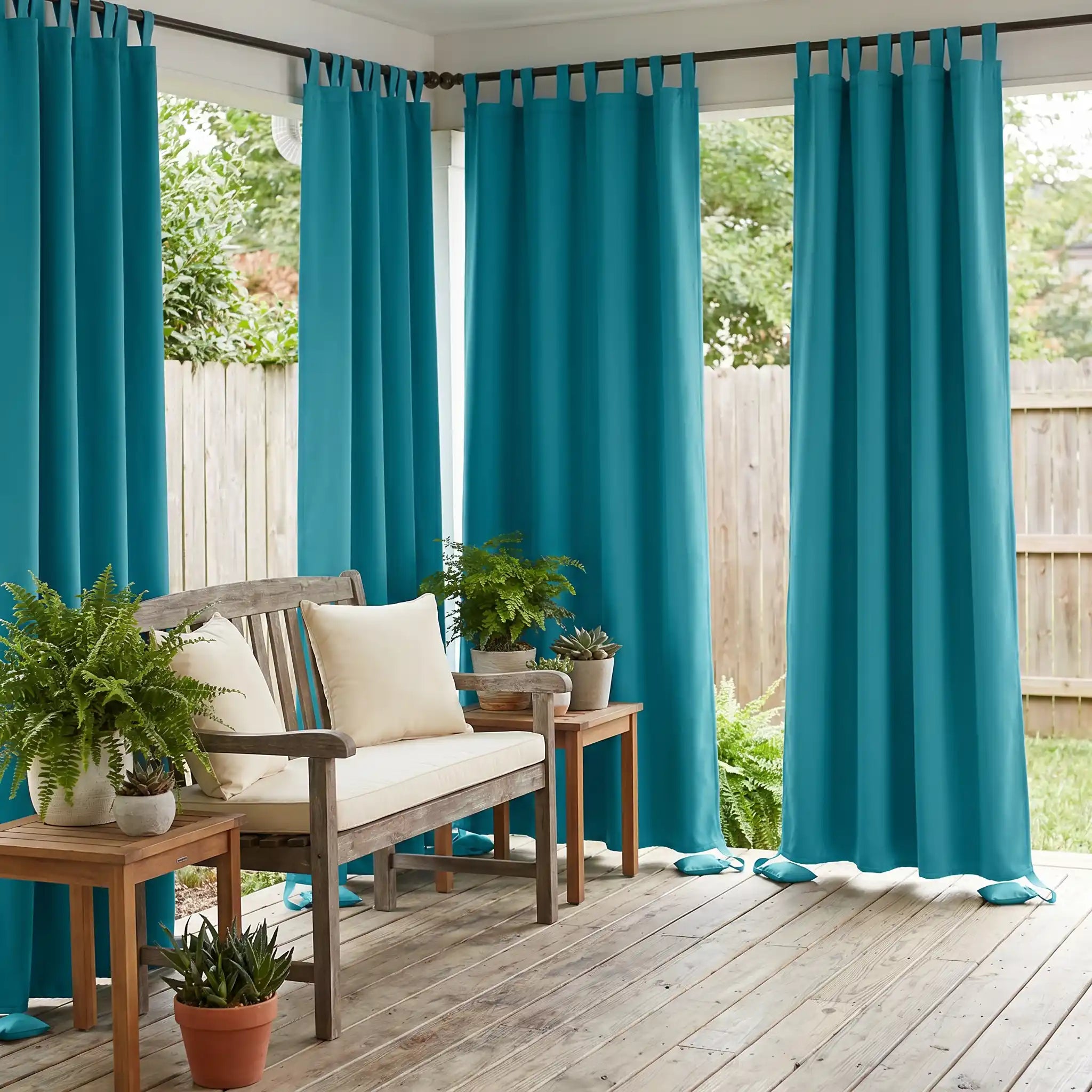 DWCN official outdoor curtain with tab top and weighted bottom, windproof and waterproof fabric for outdoor weather protection.