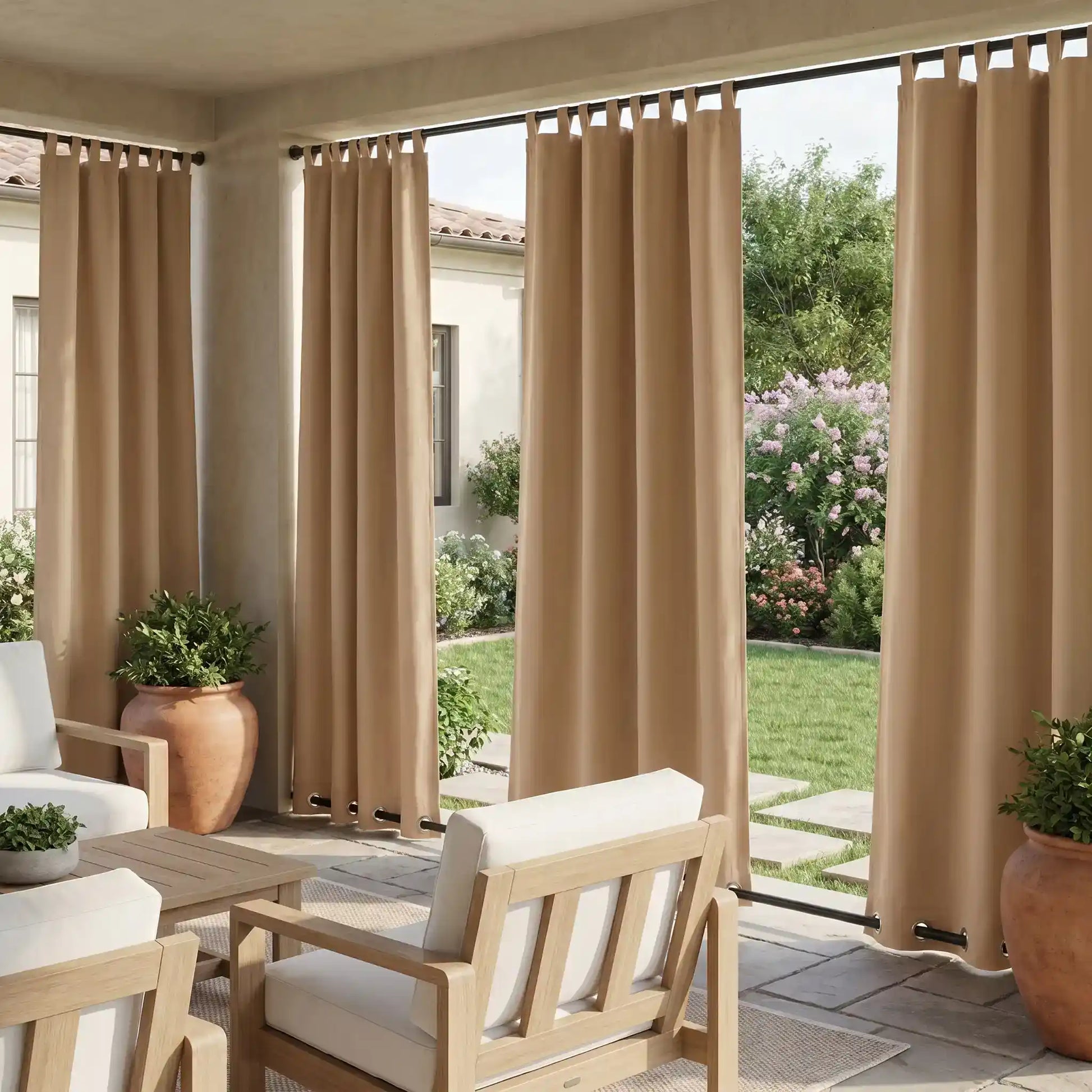 Outdoor curtains with tab top and grommet bottom from DWCN Official, windproof and waterproof for outdoor patio or balcony use.