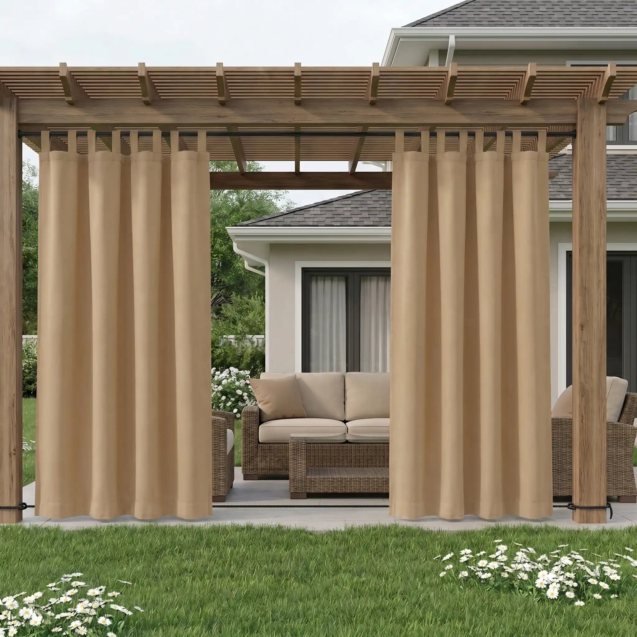 DWCN Official outdoor curtain with tab top and ropes, windproof and waterproof fabric for outdoor weather protection.